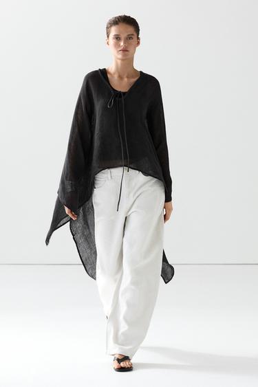 100% linen cape with tie details — BLACK 1
