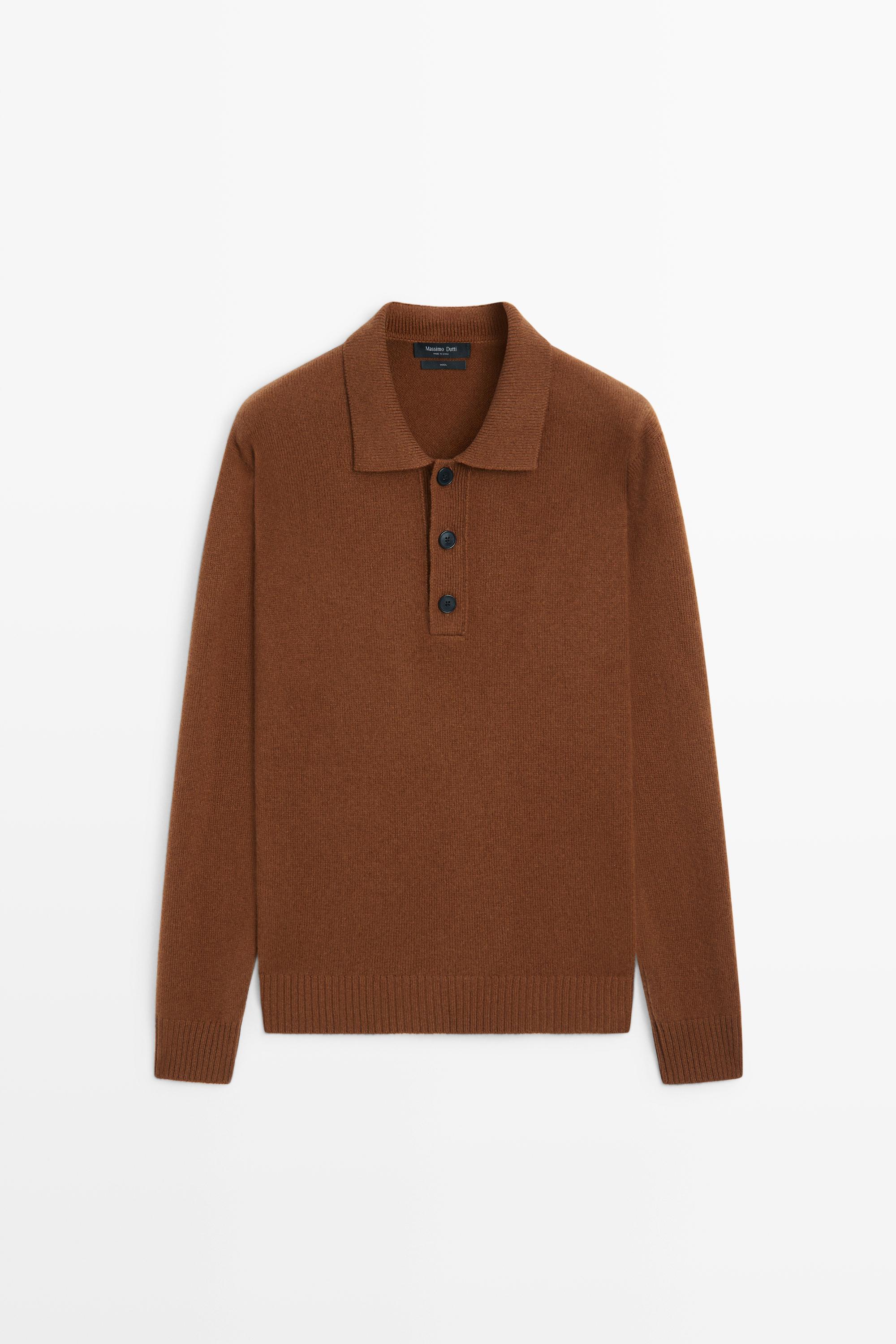 100% 울 버튼 디테일 저지 폴로 · 갈색, 그린 색의 · 스웨터 | Massimo Dutti