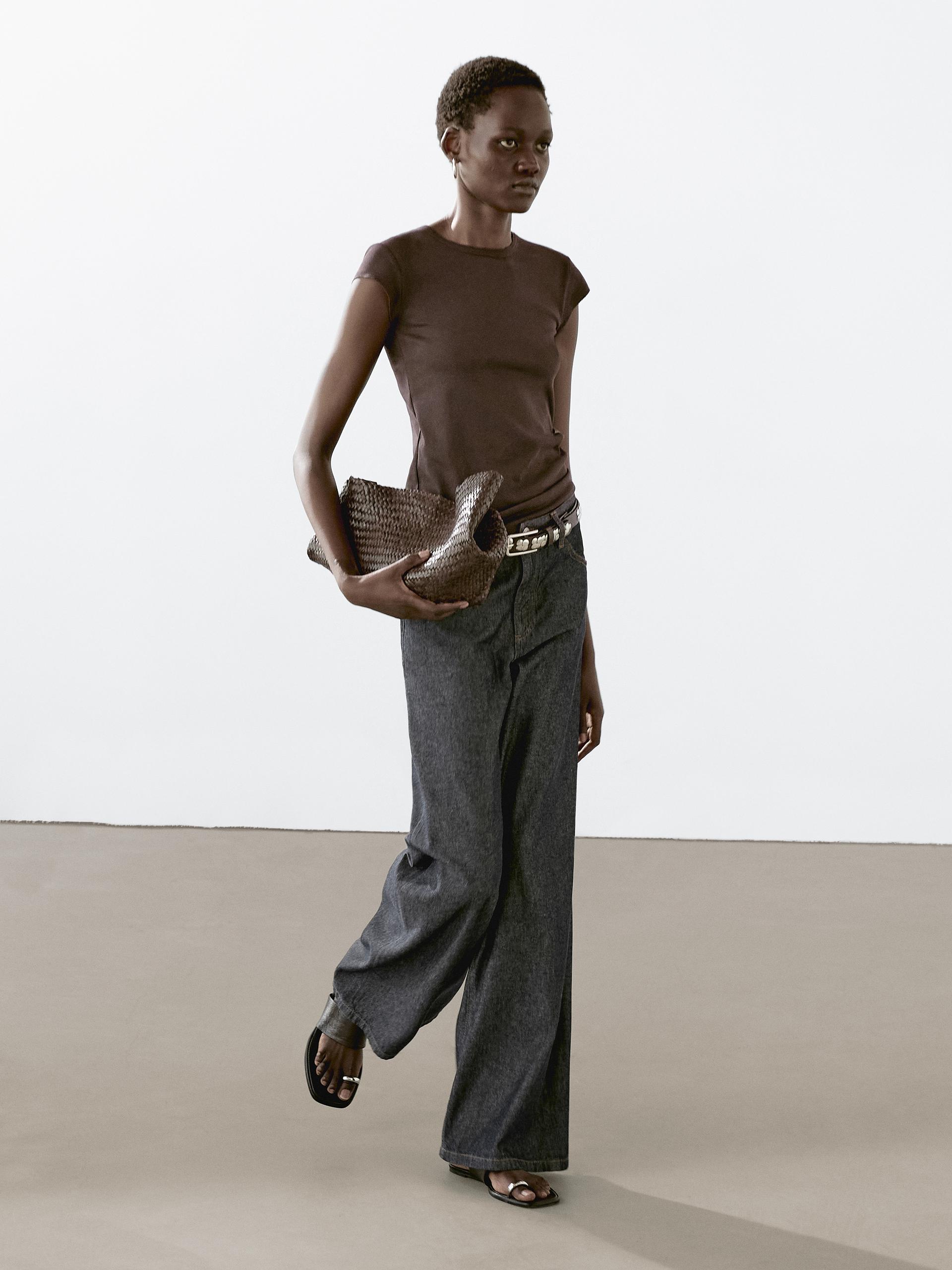 Koszulka Z Krótkim Rękawem I Ozdobnym Obszyciem - Brązowy - S - Massimo Dutti - Kobieta