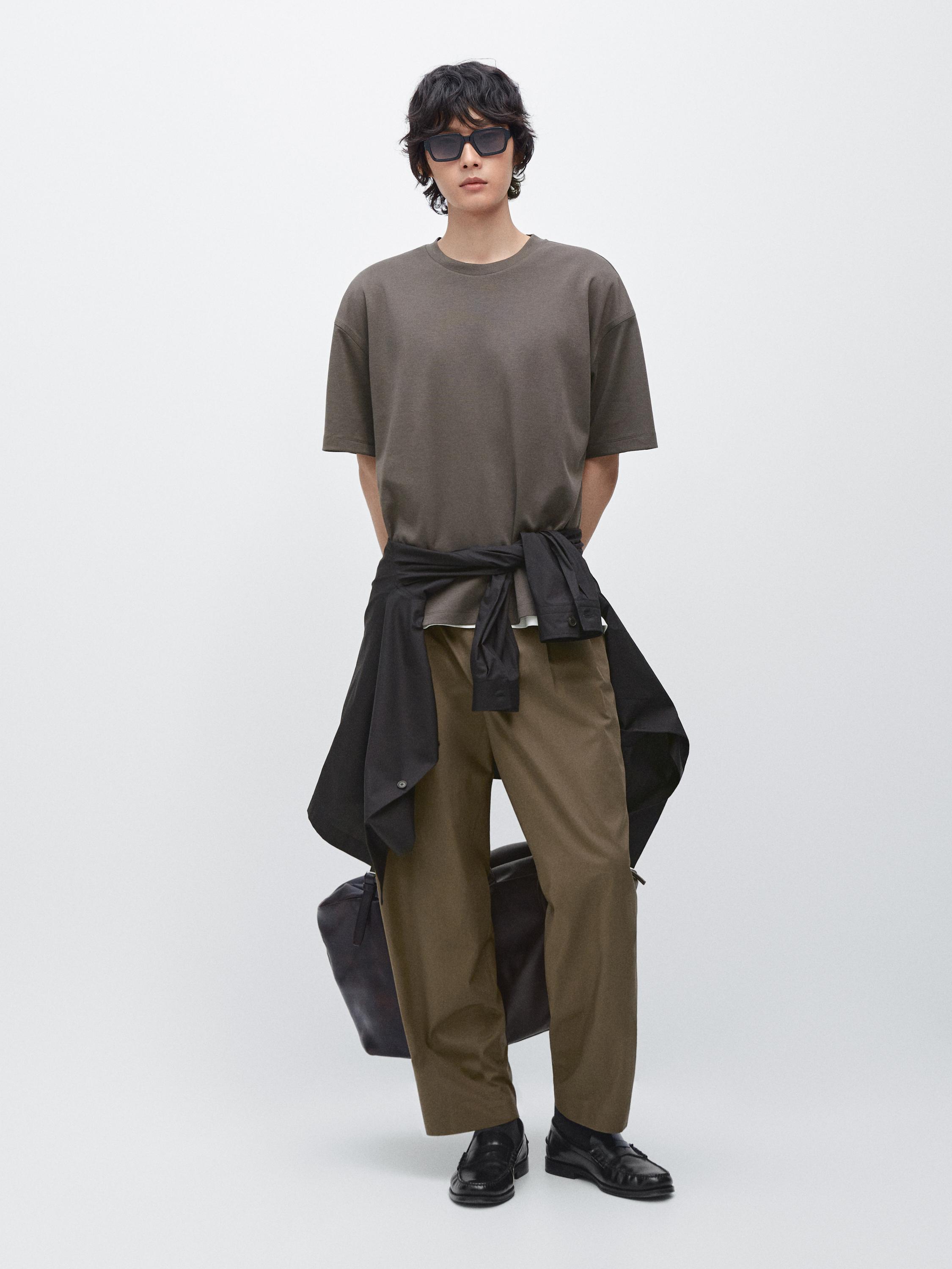 Boxy fit short sleeve cotton blend T-shirt — KHAKI