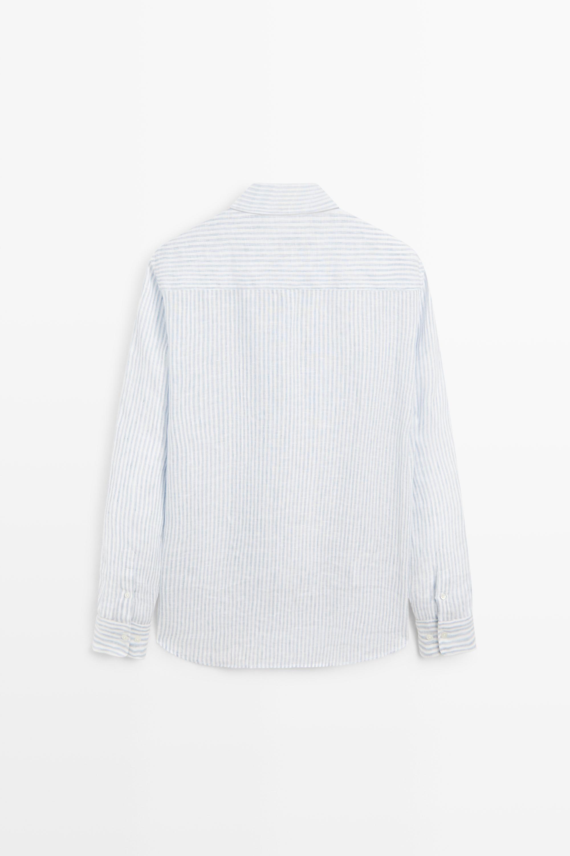 100% linen regular fit striped shirt — Sky blue