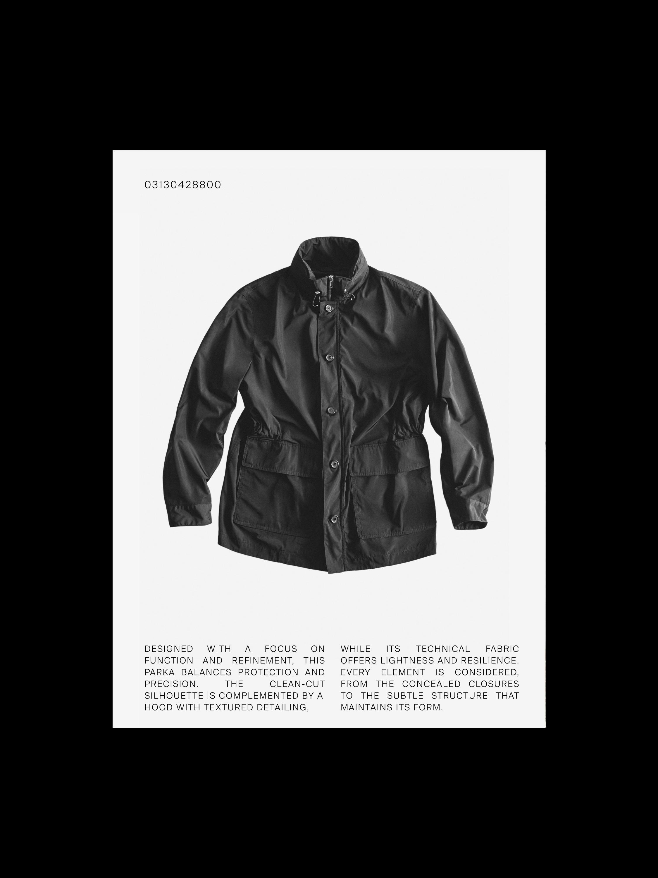 Hooded parka with fabric detail — BLACK