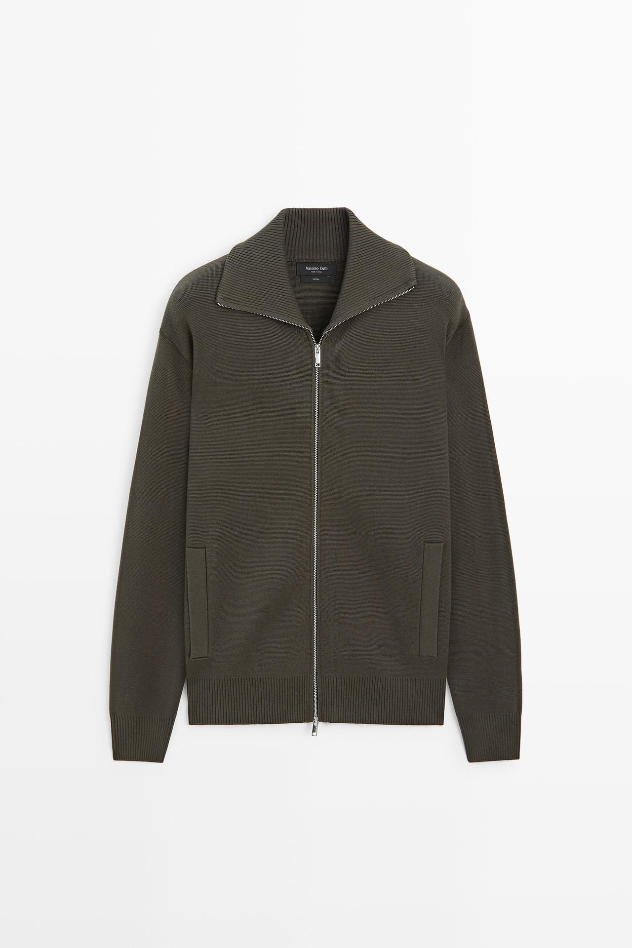 100% cotton zip-up knit cardigan — KHAKI