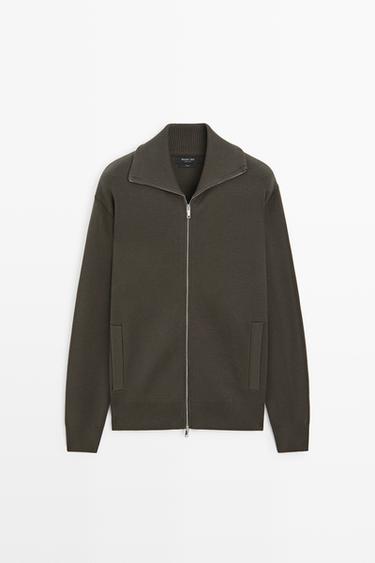 100% cotton zip-up knit cardigan — KHAKI 2