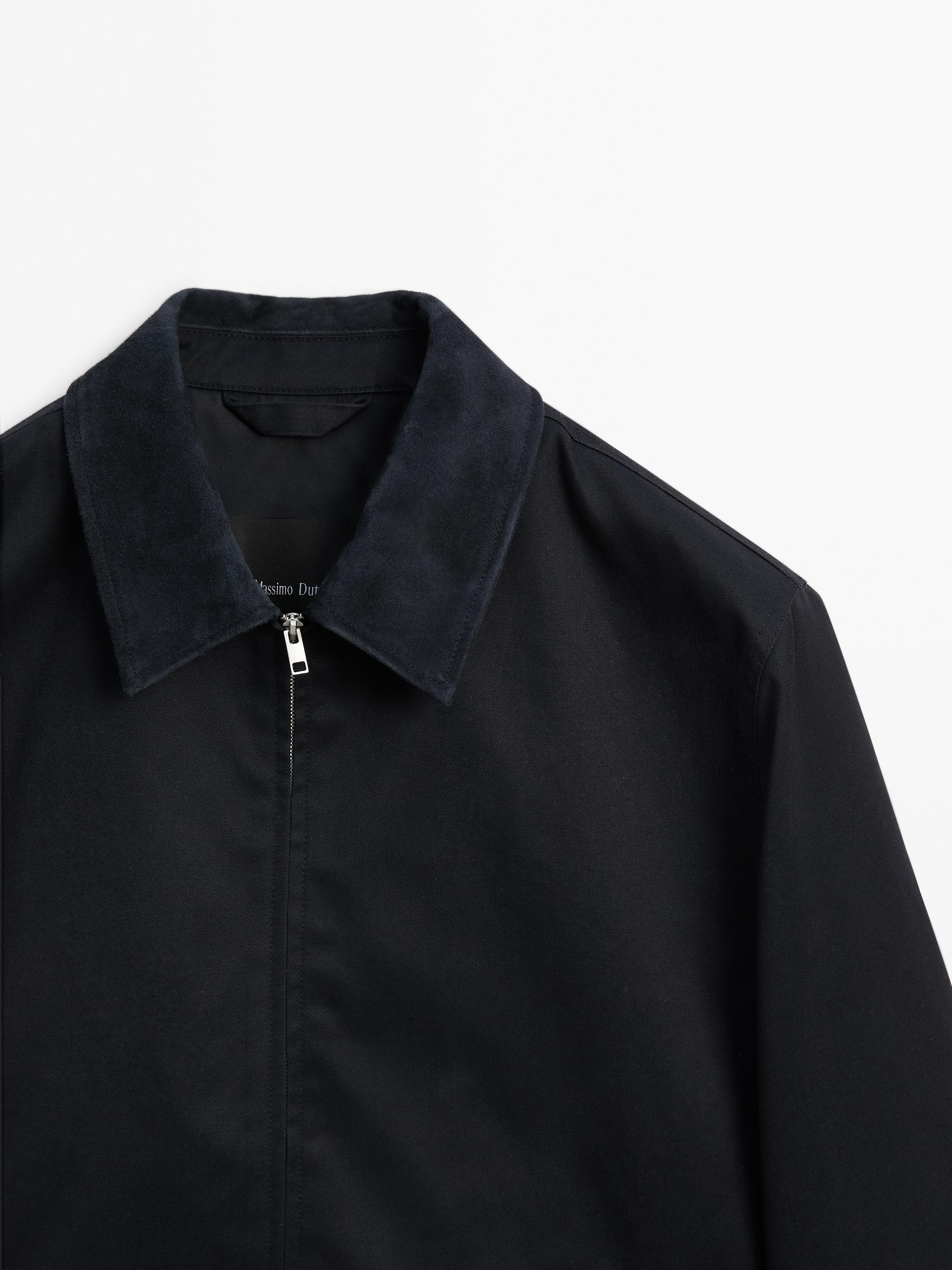 Cotton jacket with leather collar detail