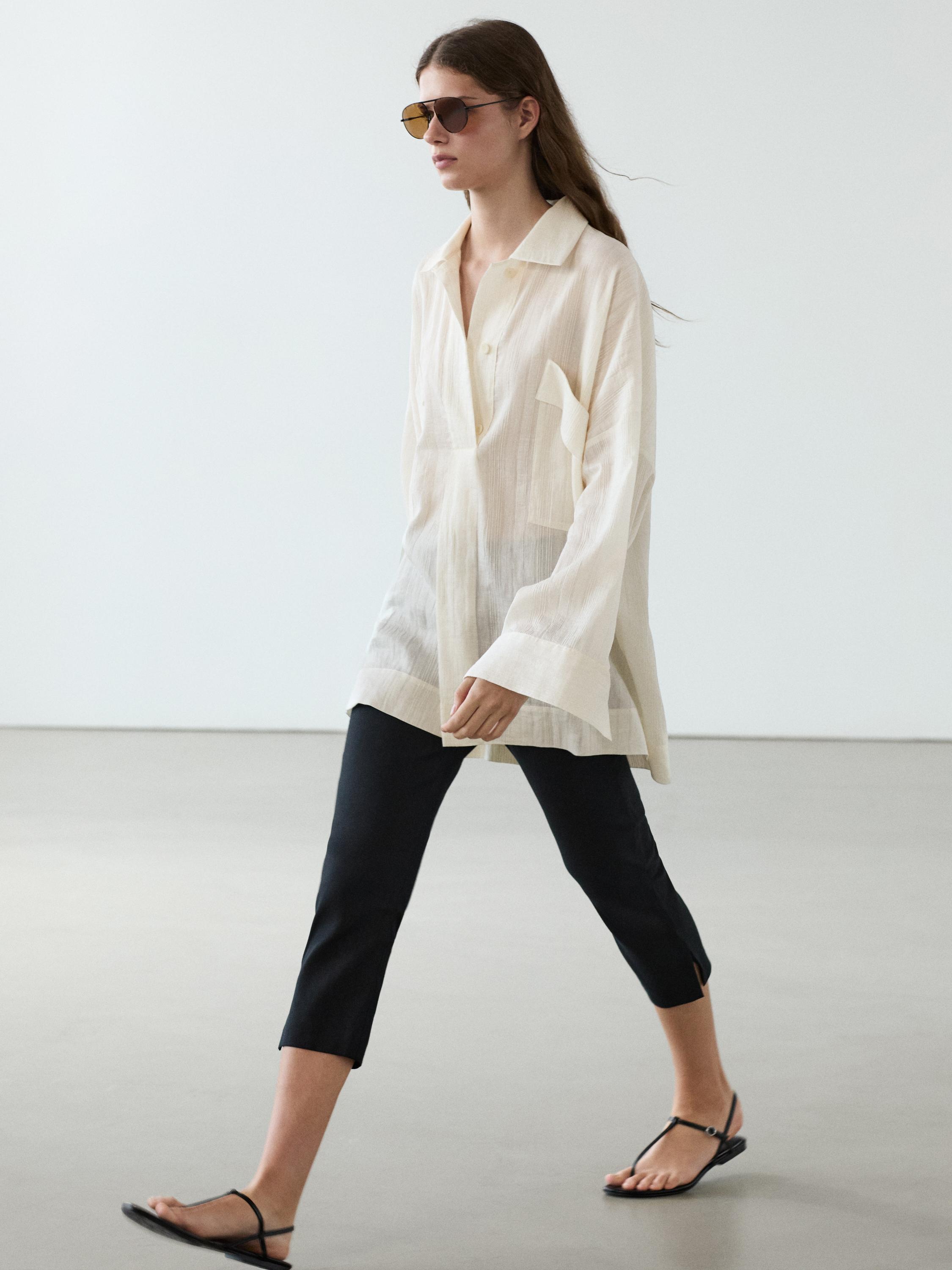 Flowing linen and cotton shirt with opening — Off white