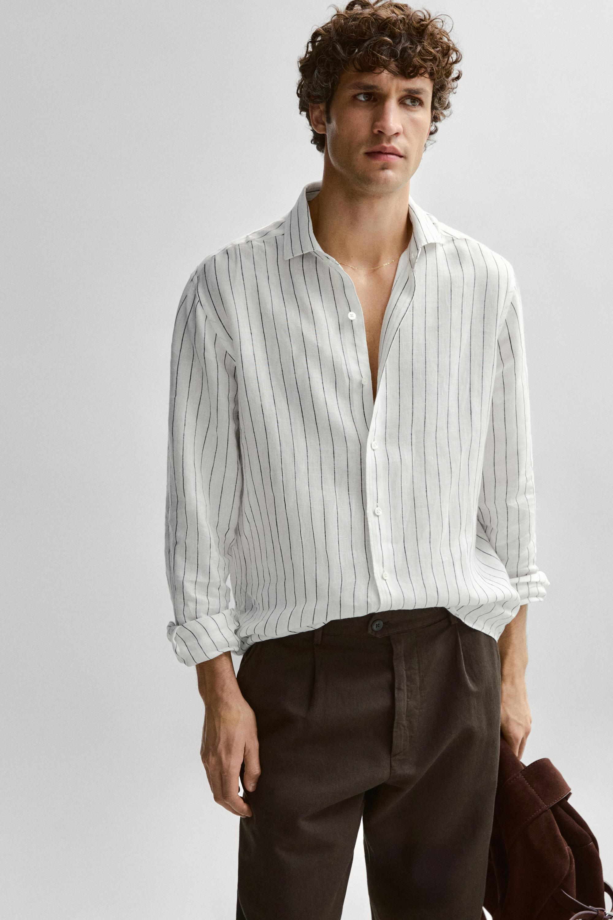 100% linen slim fit striped shirt — Off white
