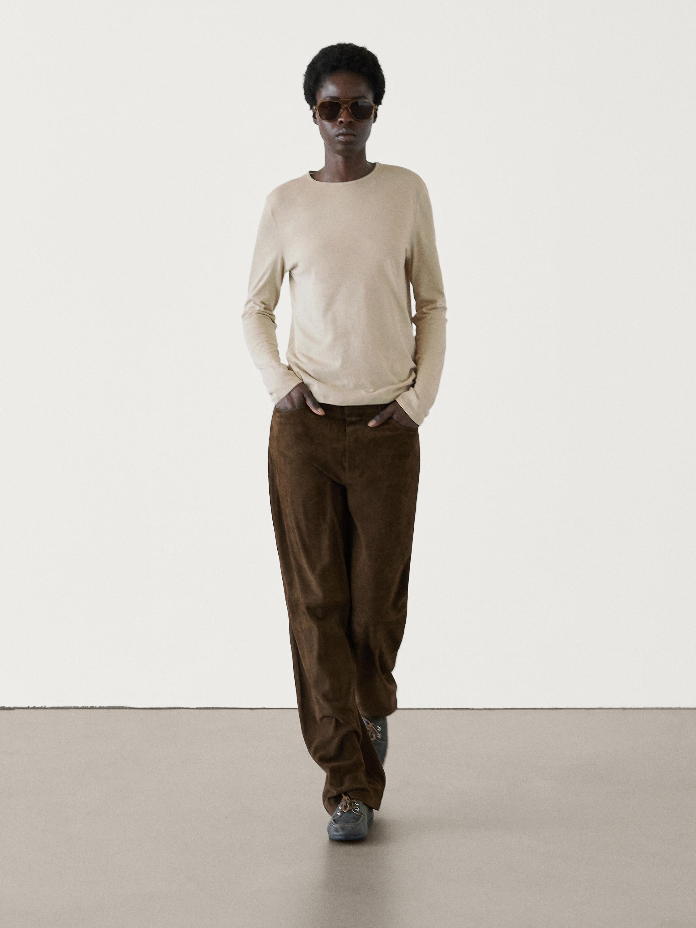 Suede leather straight trousers