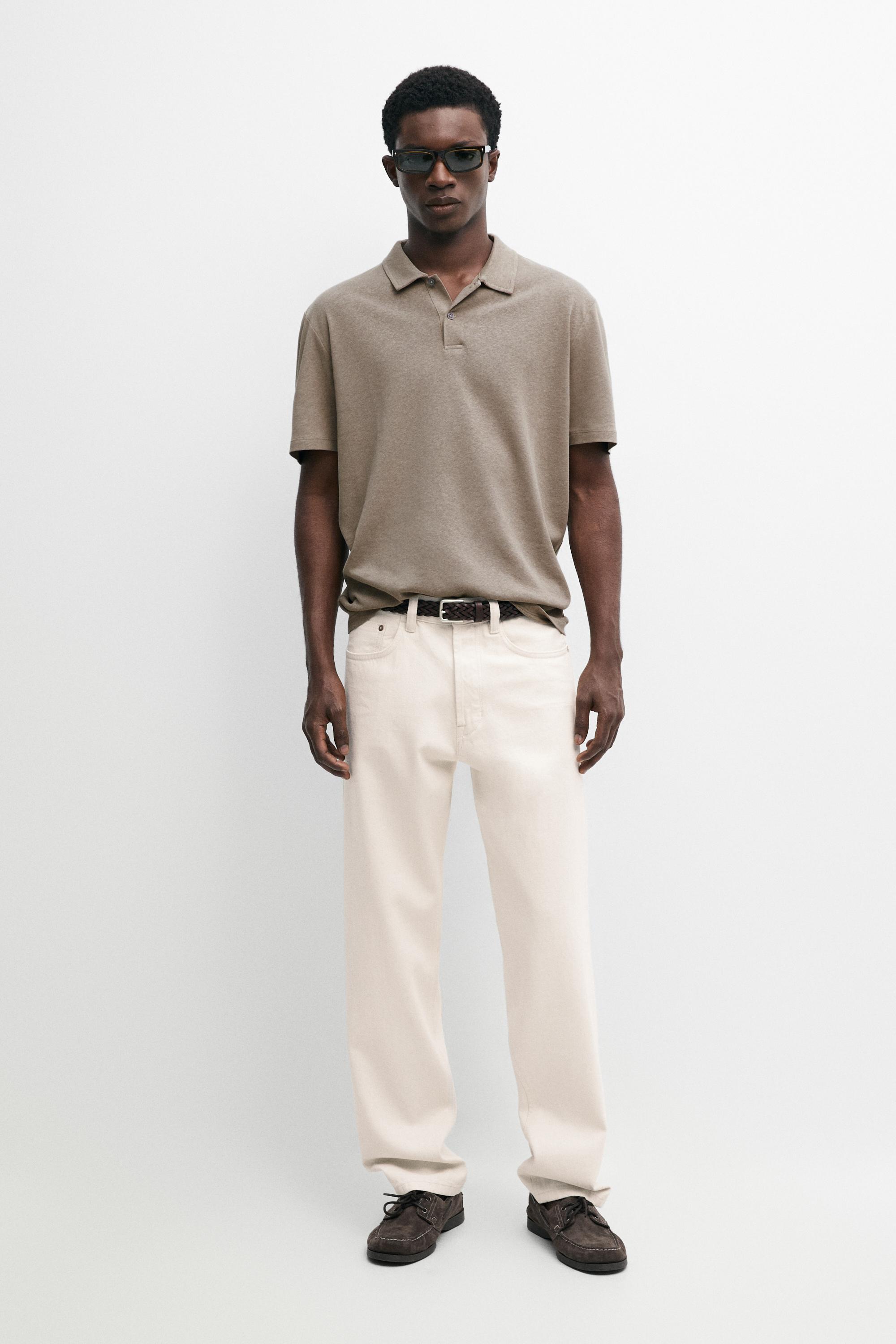 Linen and cotton short sleeve polo shirt — MOLE BROWN