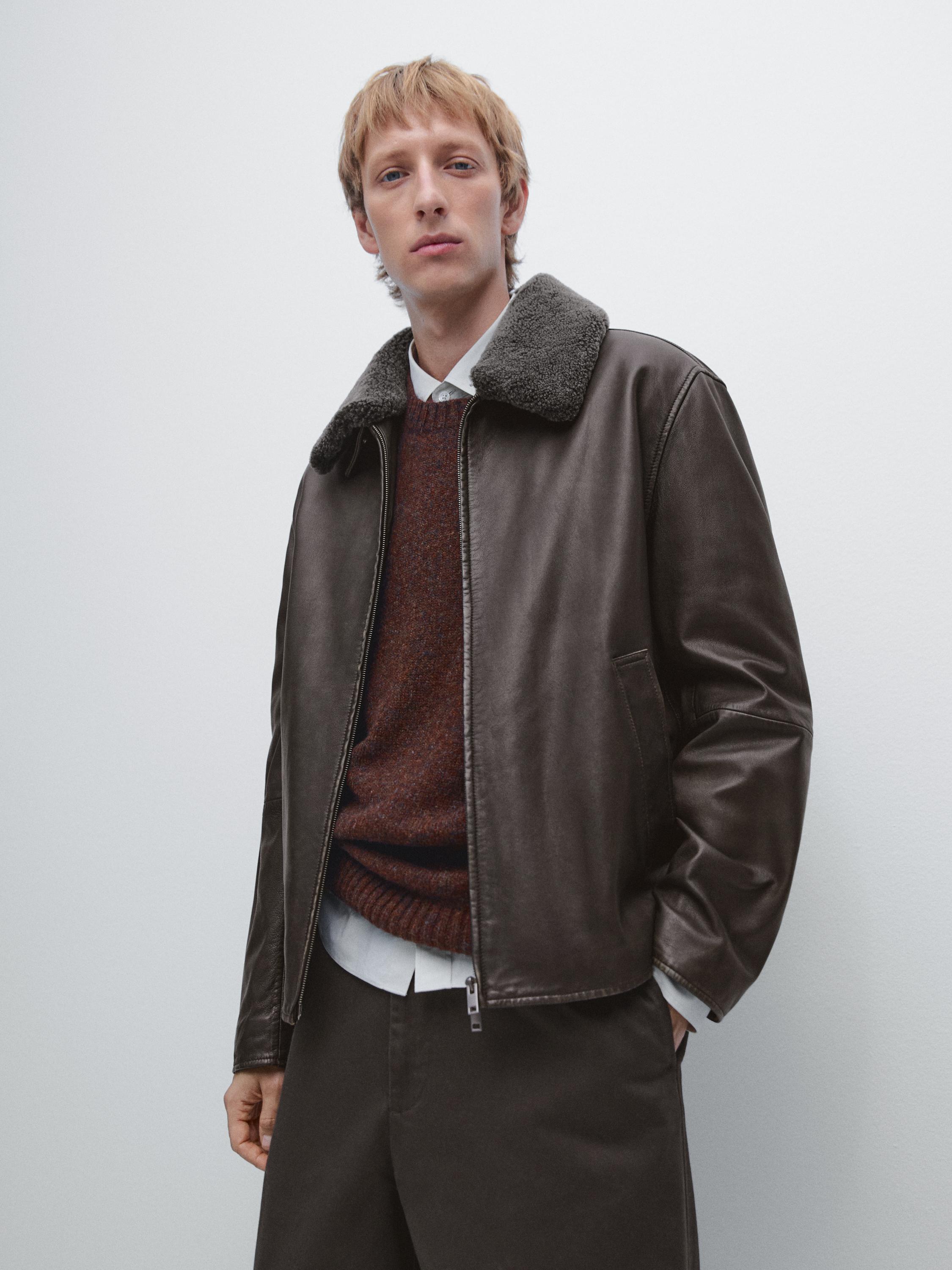 Nappa leather jacket with sheepskin collar