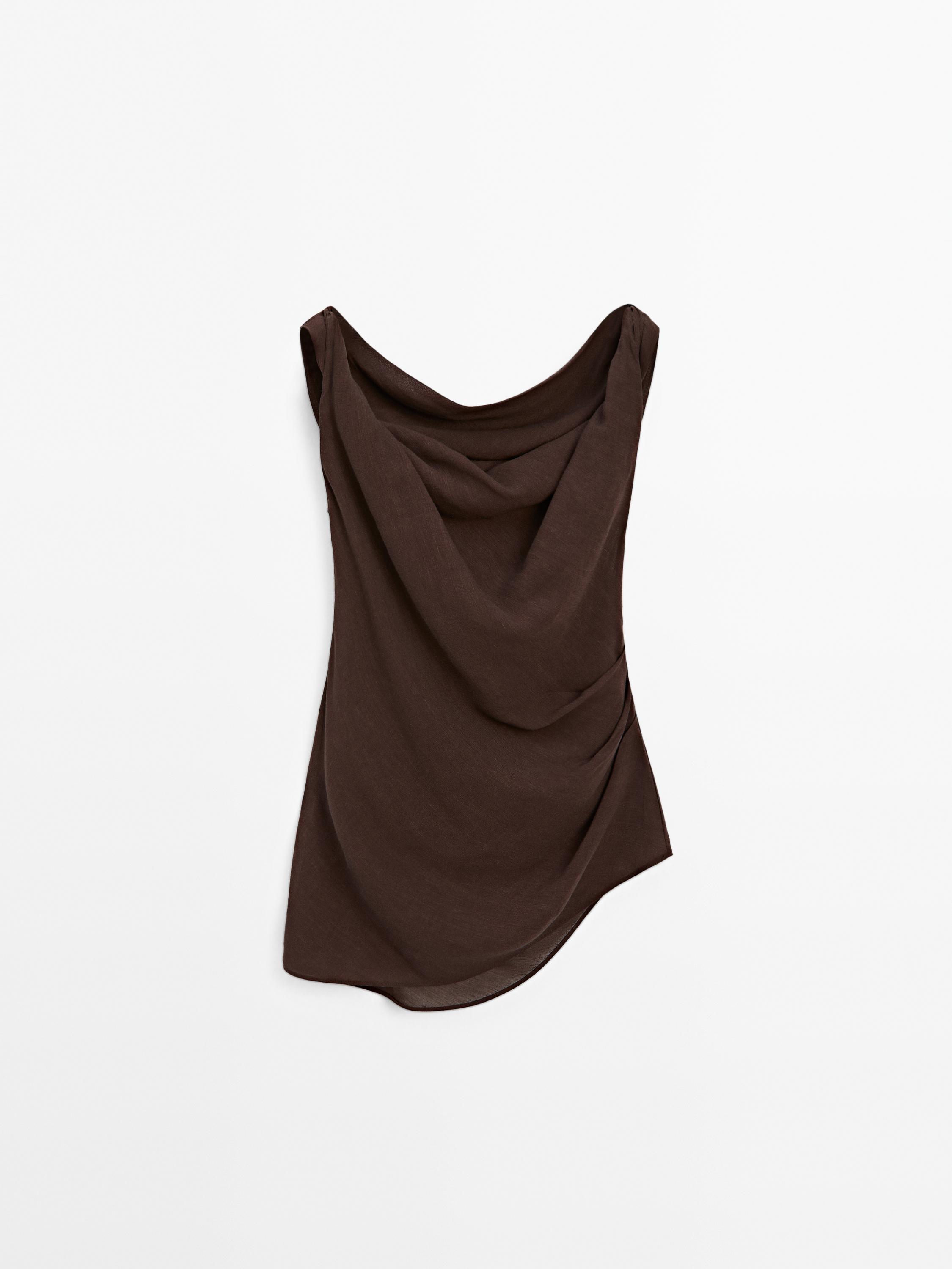 Linen blend top with asymmetric neckline