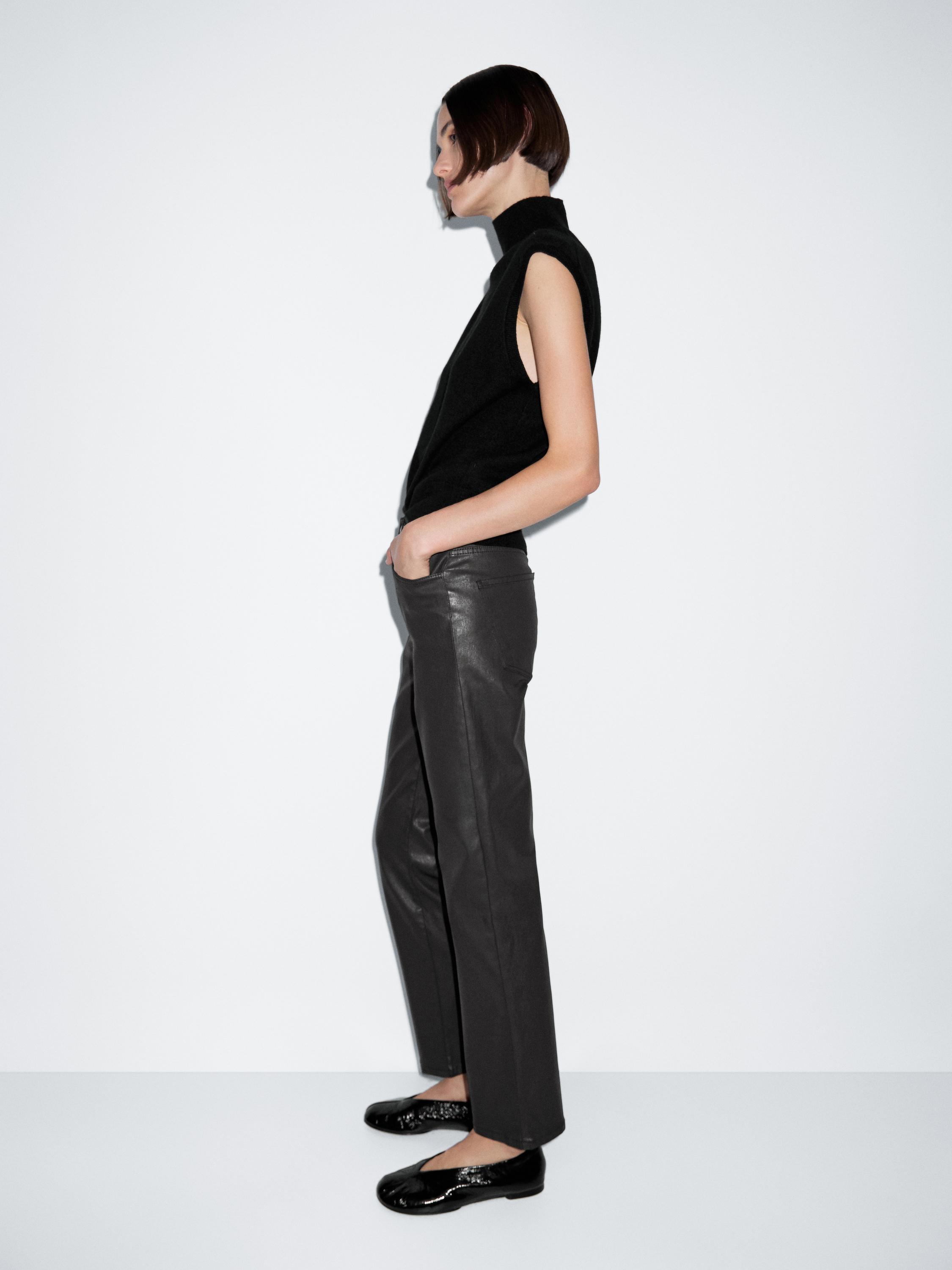 High-waist straight-leg waxed trousers — BLACK