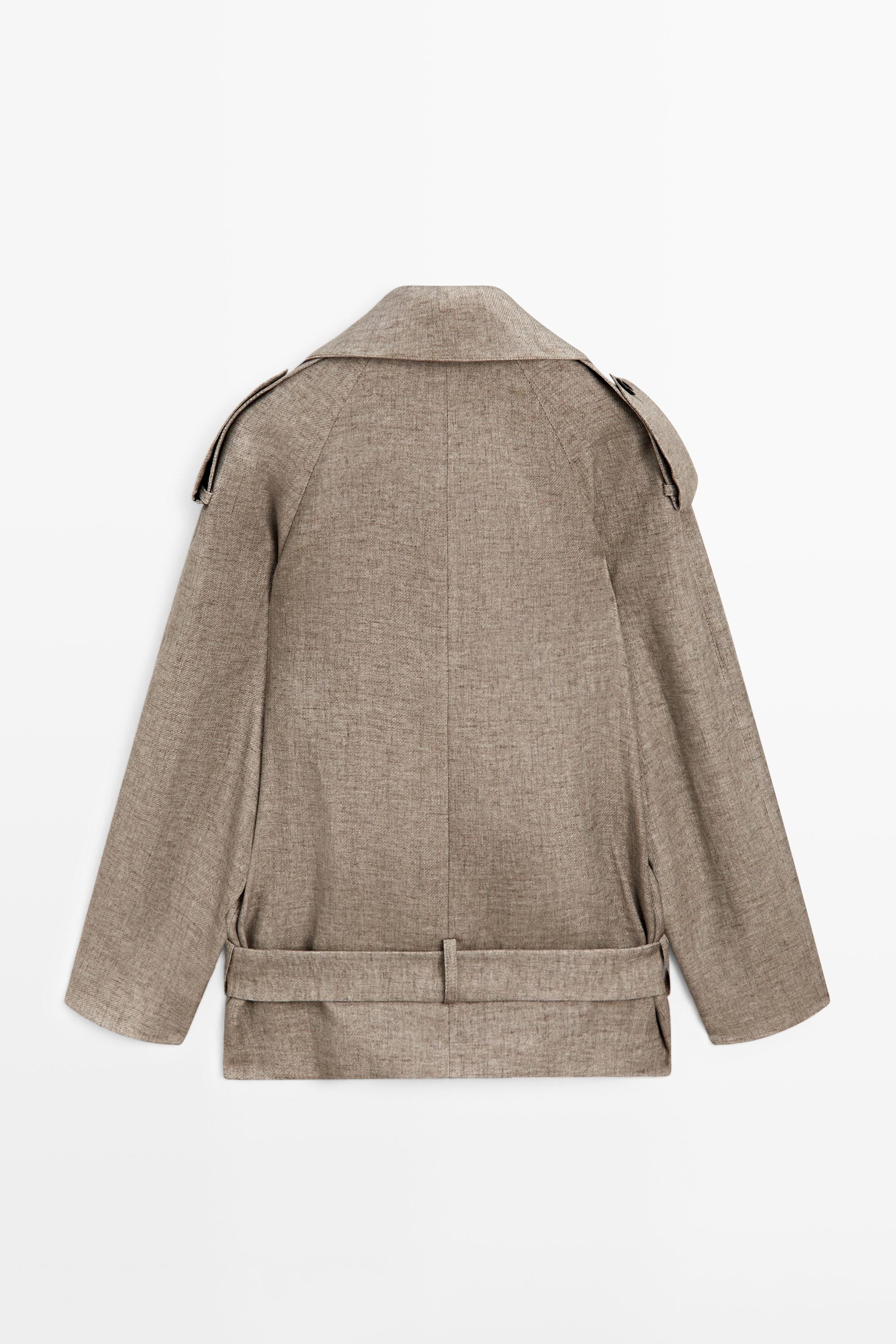 Linen melange high neck trench coat — TAUPE GREY