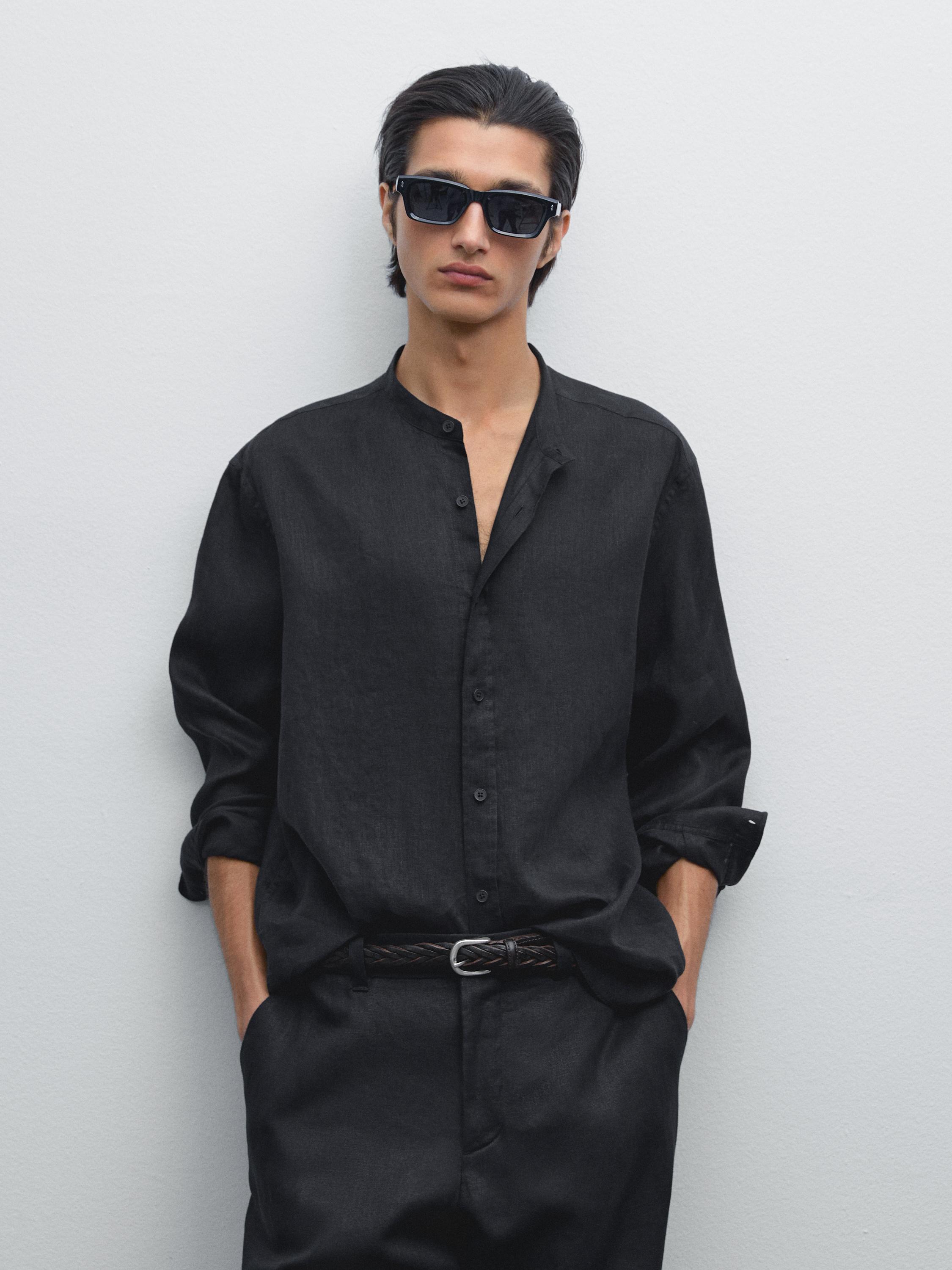 Regular-Fit-Hemd aus 100 % Leinen mit Maokragen