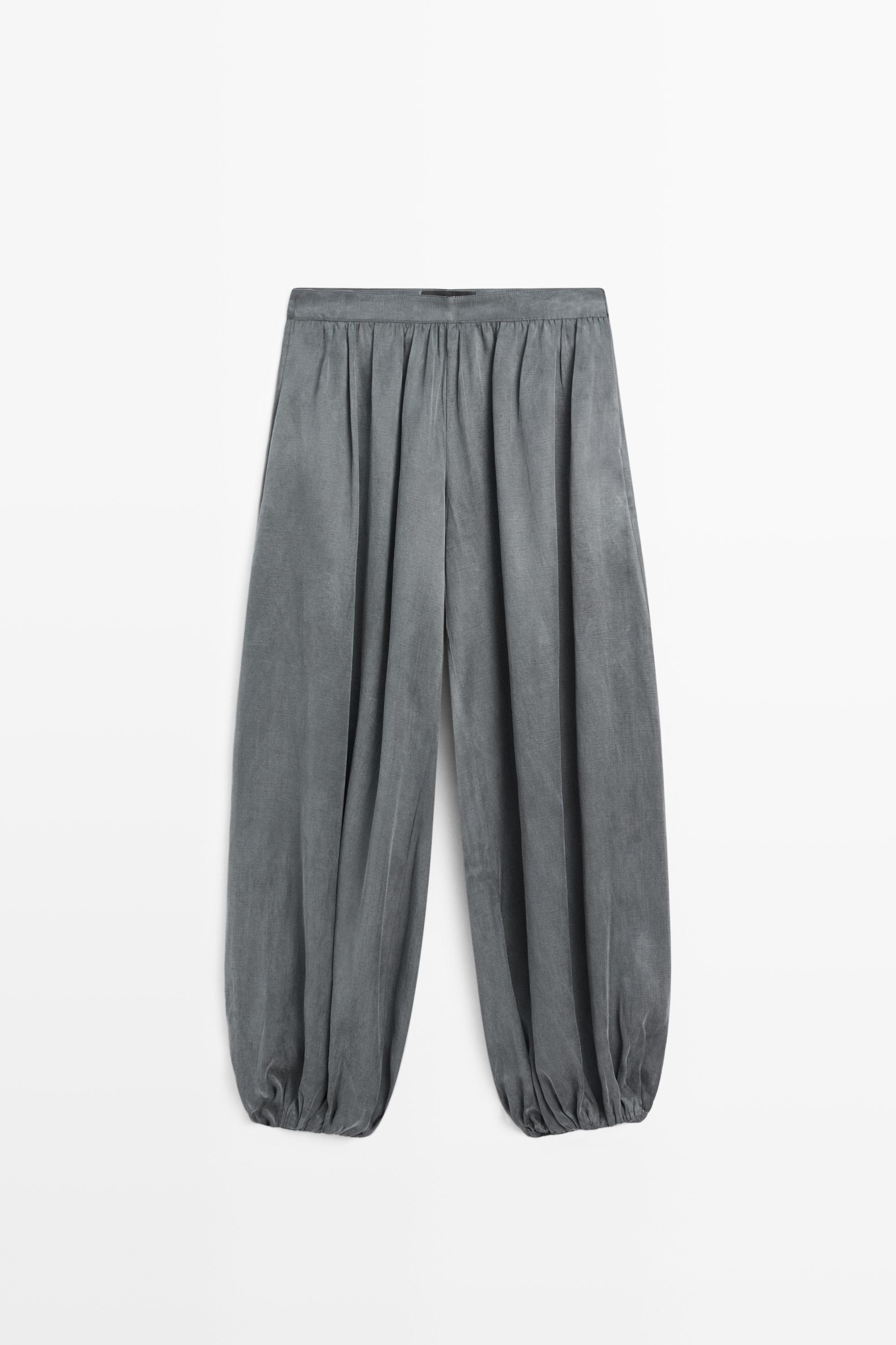 Pleated balloon fit linen blend trousers — GREY BLUE