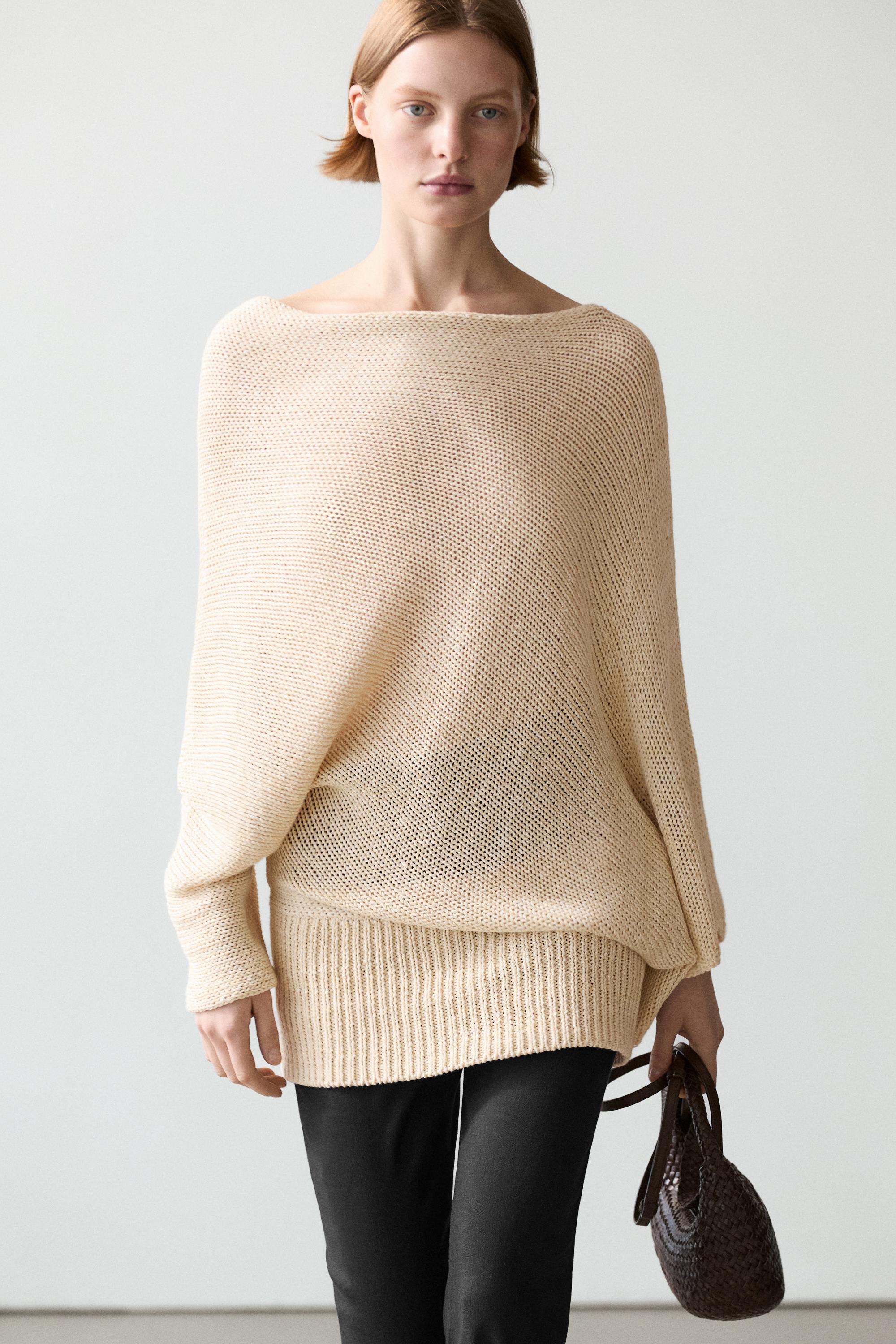 Oversize asymmetric cotton and linen sweater — Vanilla