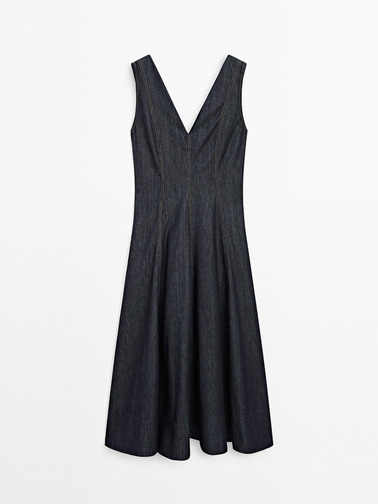 Massimo Dutti - Dame - Midikjole I Denim Med Syningsdetaljer - Mørkeblå - S