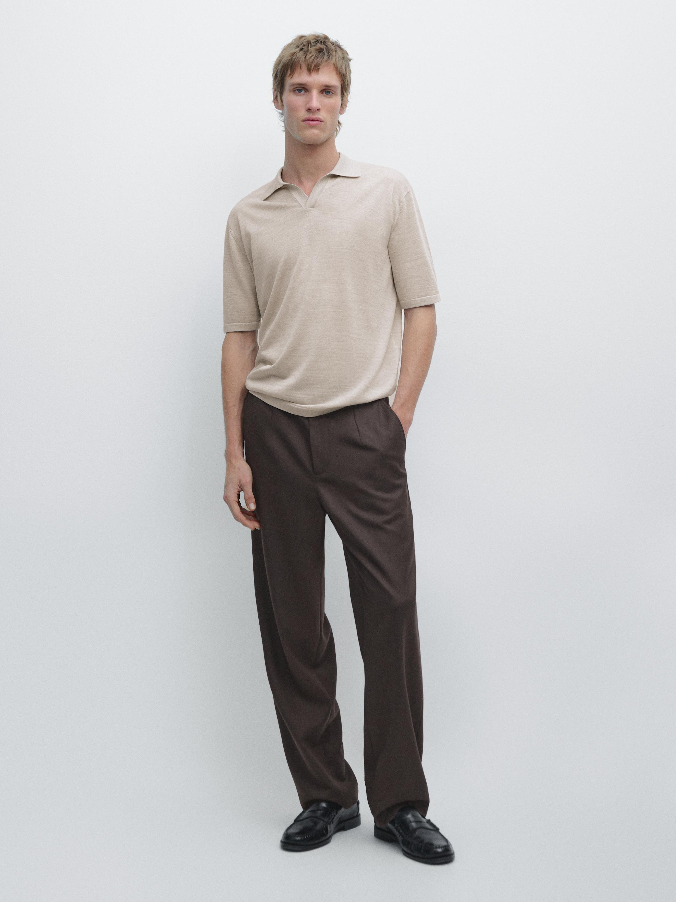 Knit V-neck polo shirt — Beige