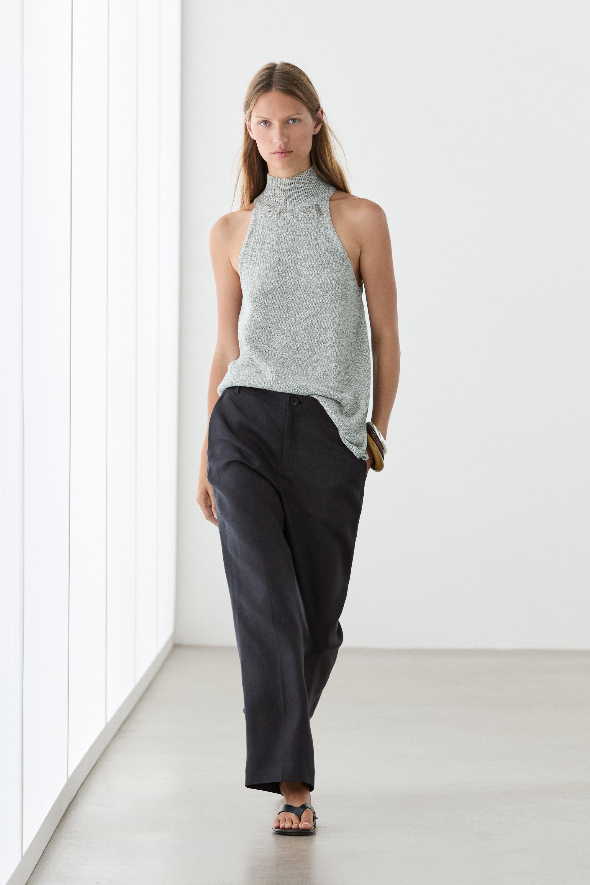 Kick flare cropped linen trousers — NAVY BLUE