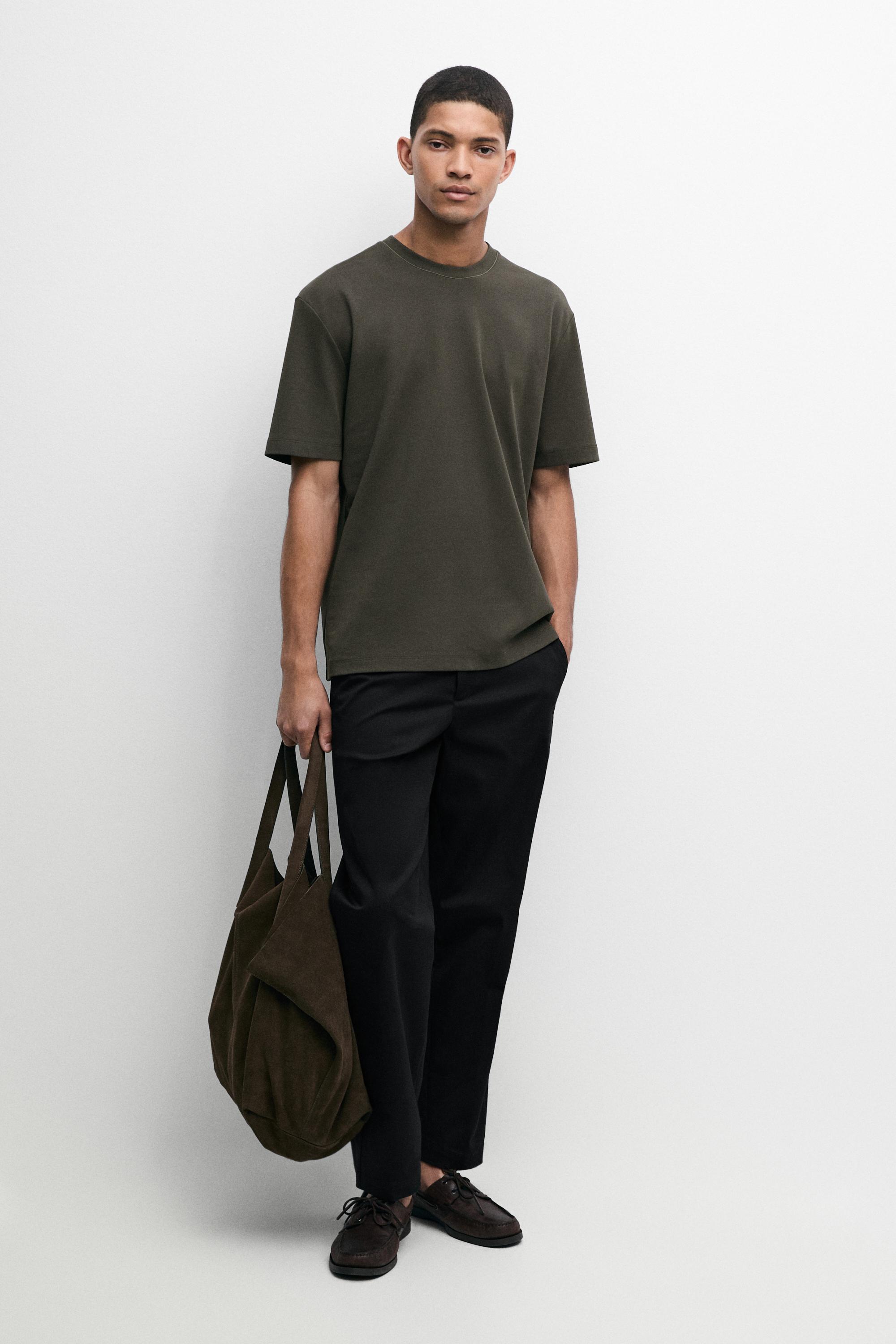 Contrast neck short sleeve T-shirt — DARK KHAKI