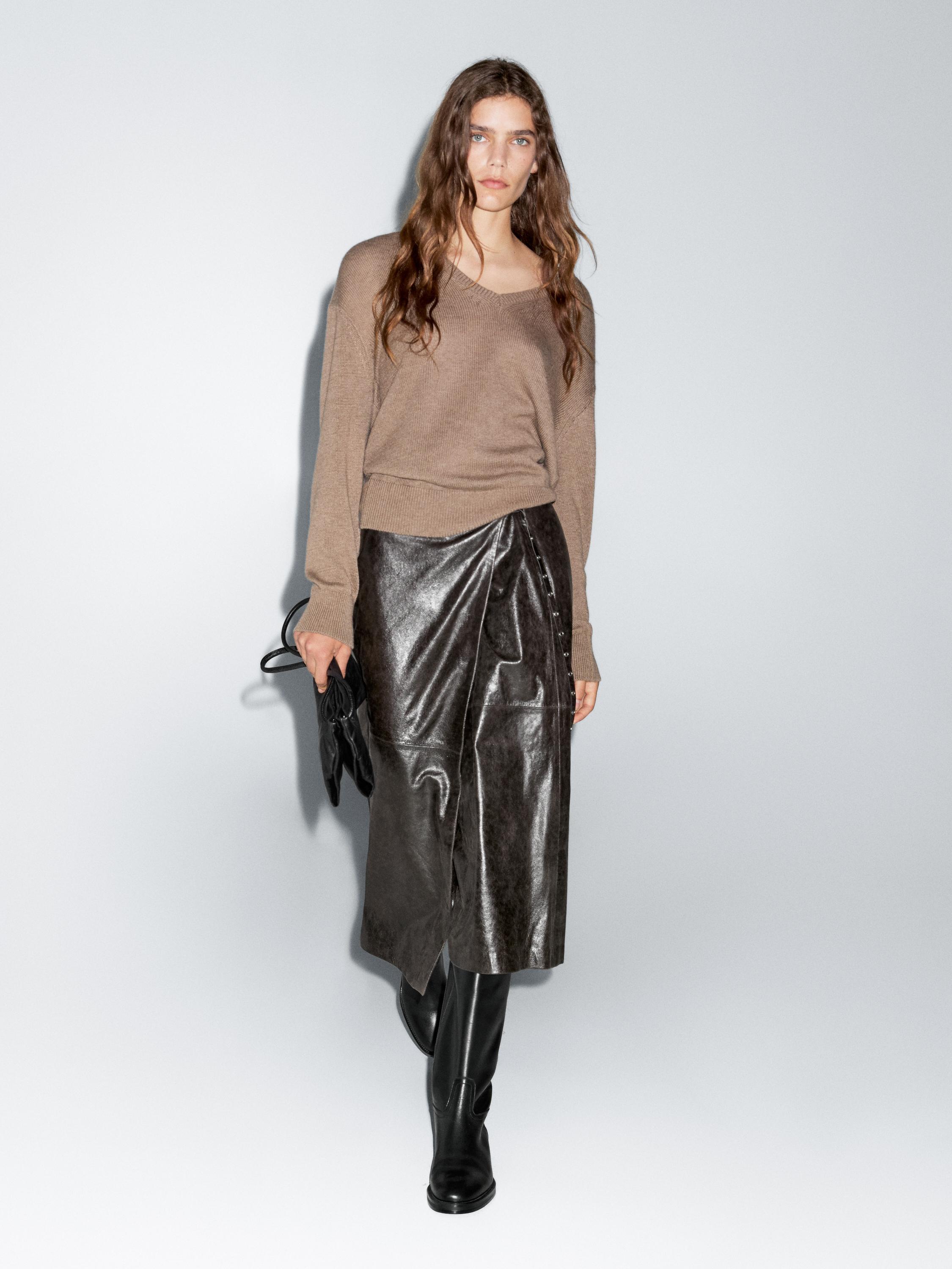 Nappa leather wraparound midi skirt