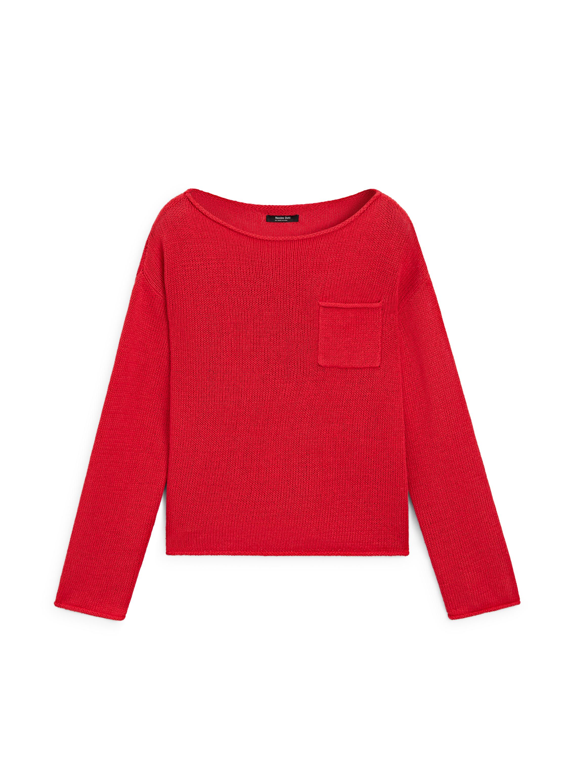 Cotton and linen knit sweater with pocket detail — RED
