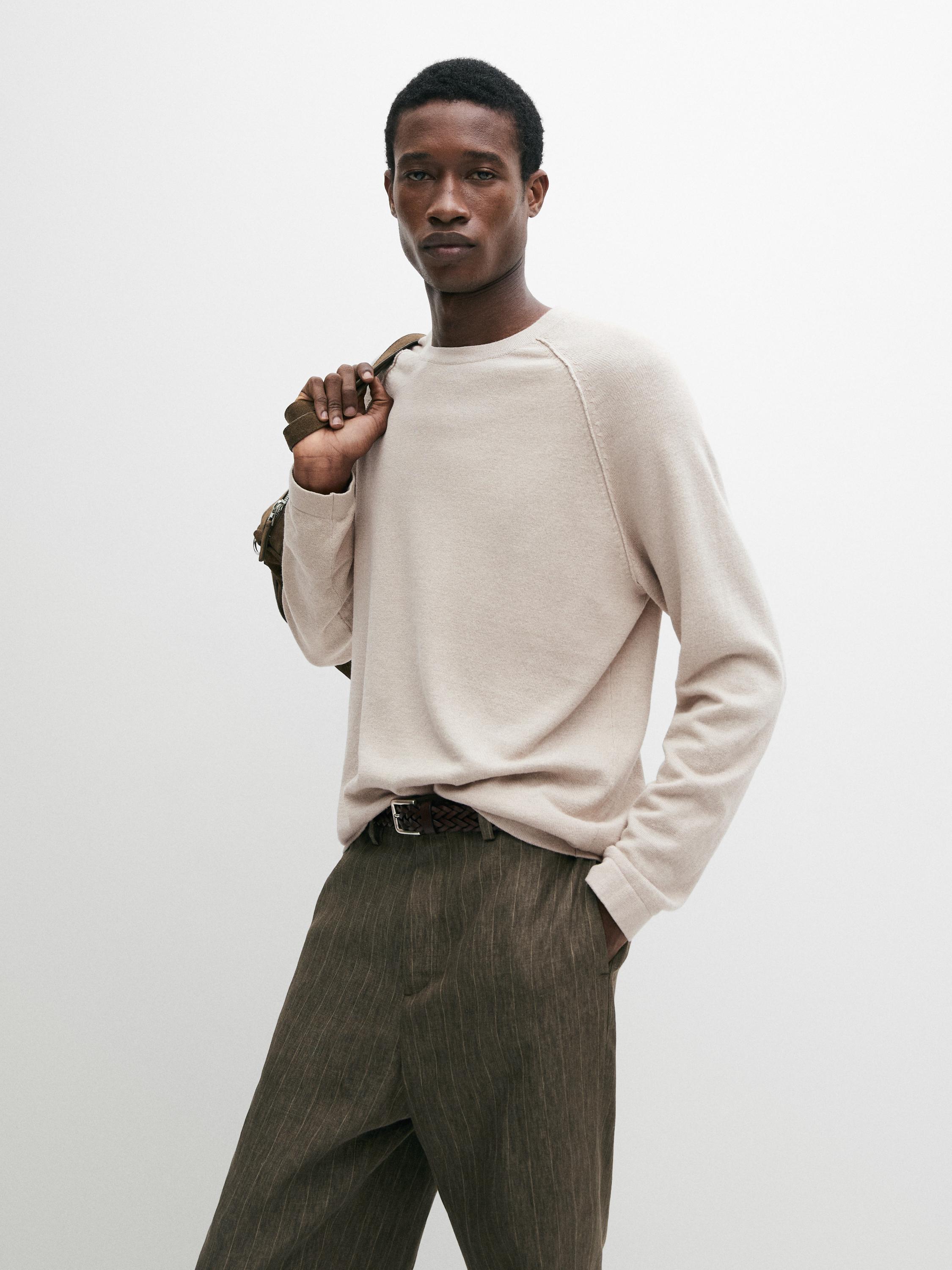 Linen blend knit crew neck sweater — BEIGE