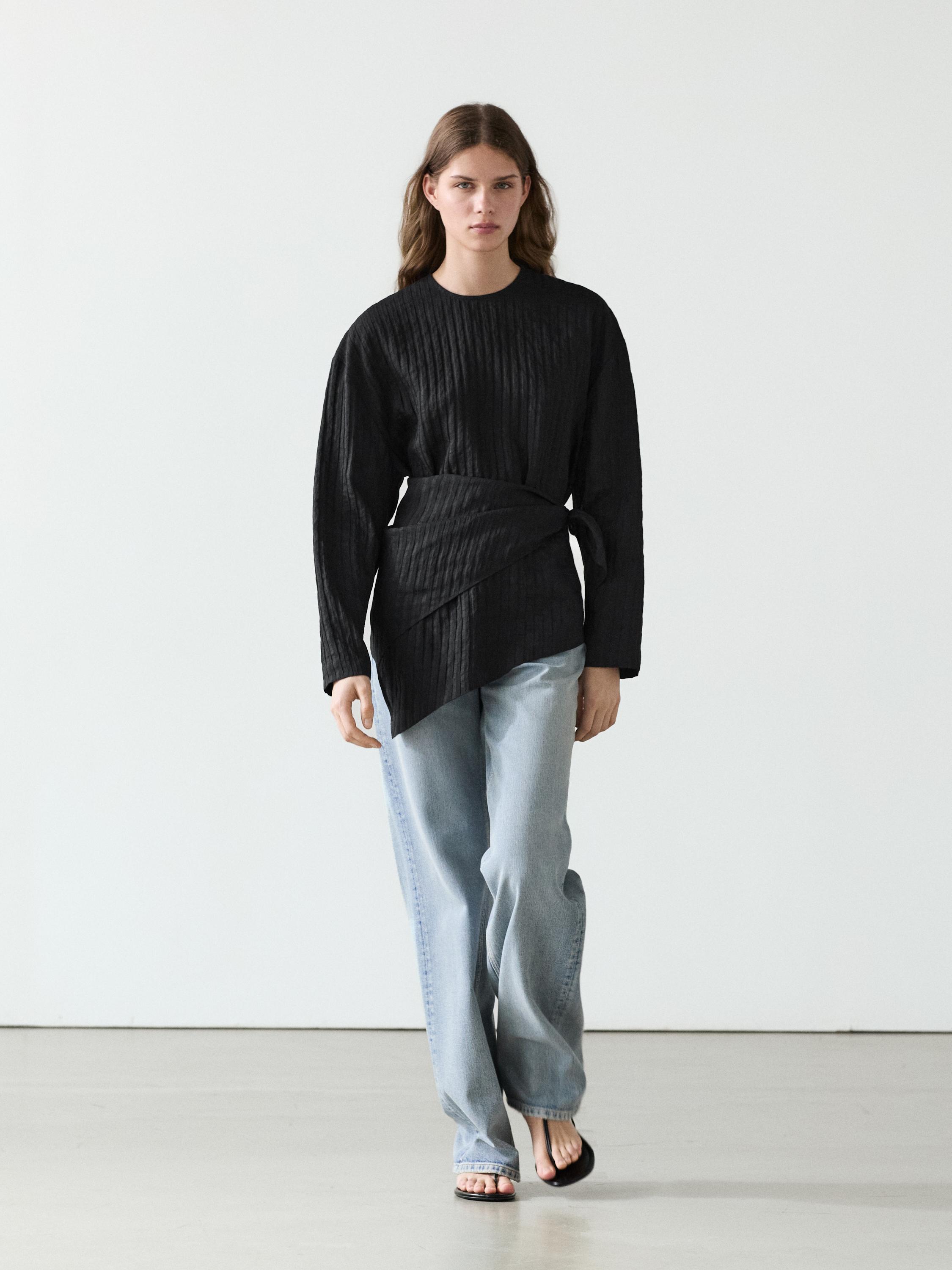 Striped flowing shirt with scarf detail — BLACK