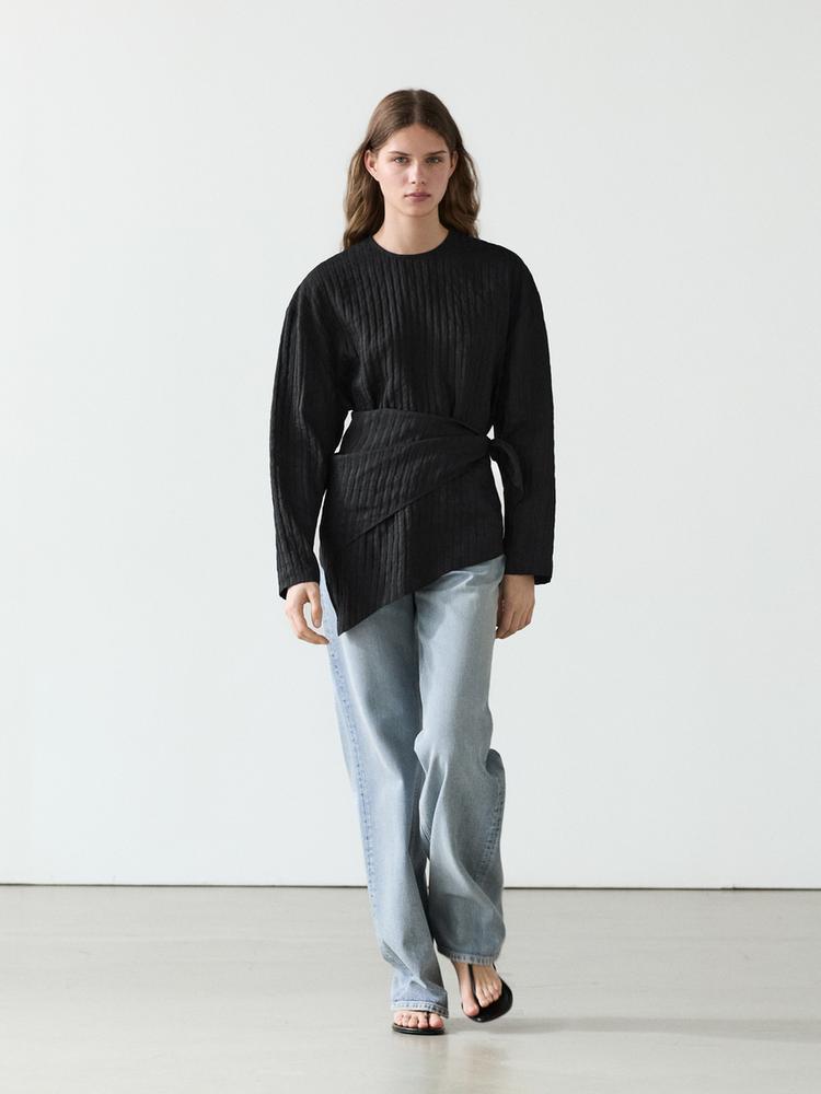 Striped flowing shirt with scarf detail — BLACK