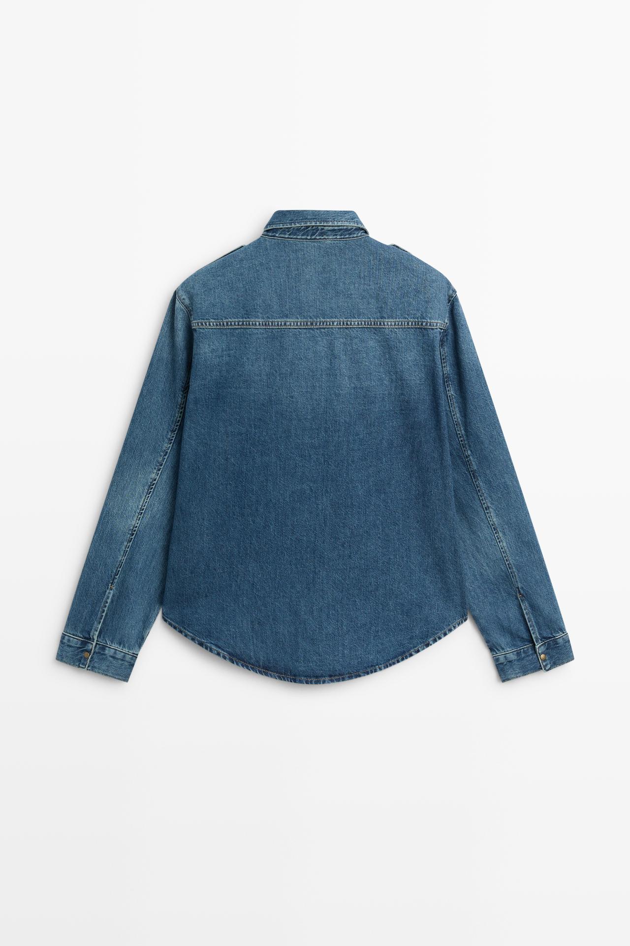 Denim shirt with shoulder tab detail — MEDIUM BLUE