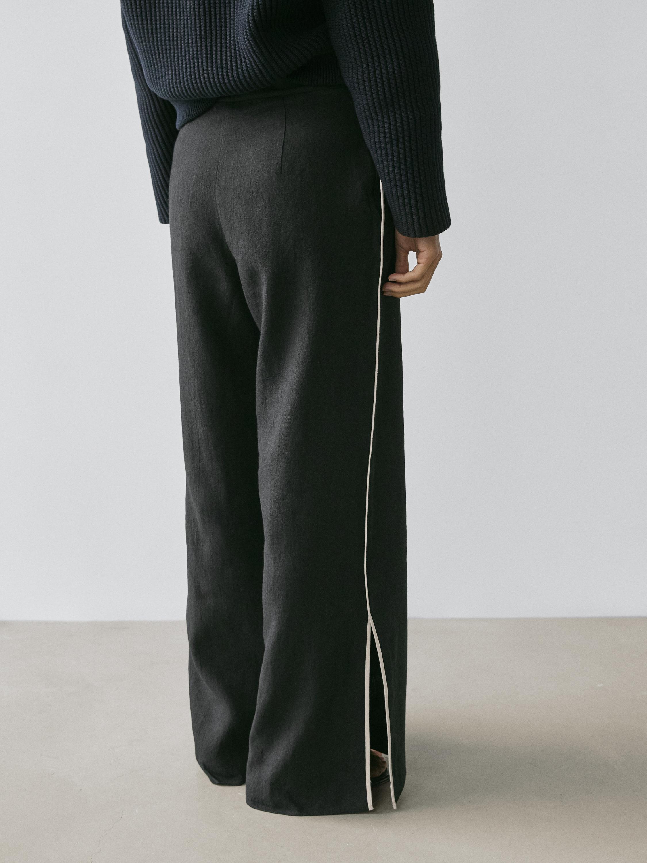 Linen trousers with contrast trim — BLACK