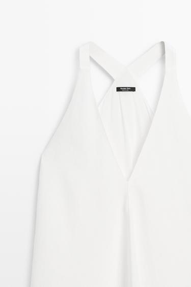 Linen blend midi dress with contrast stripe detail — WHITE 4