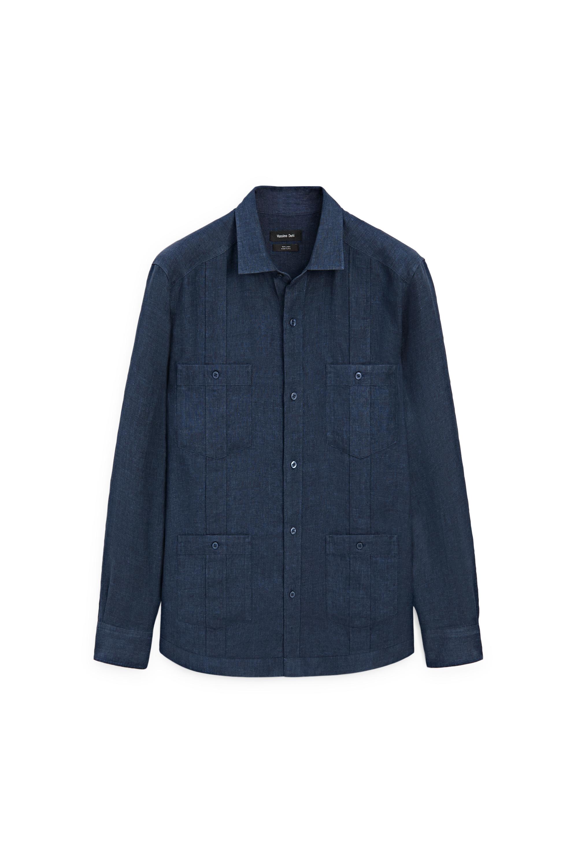 Regular fit 100% linen shirt with pockets — DEEP BLUE