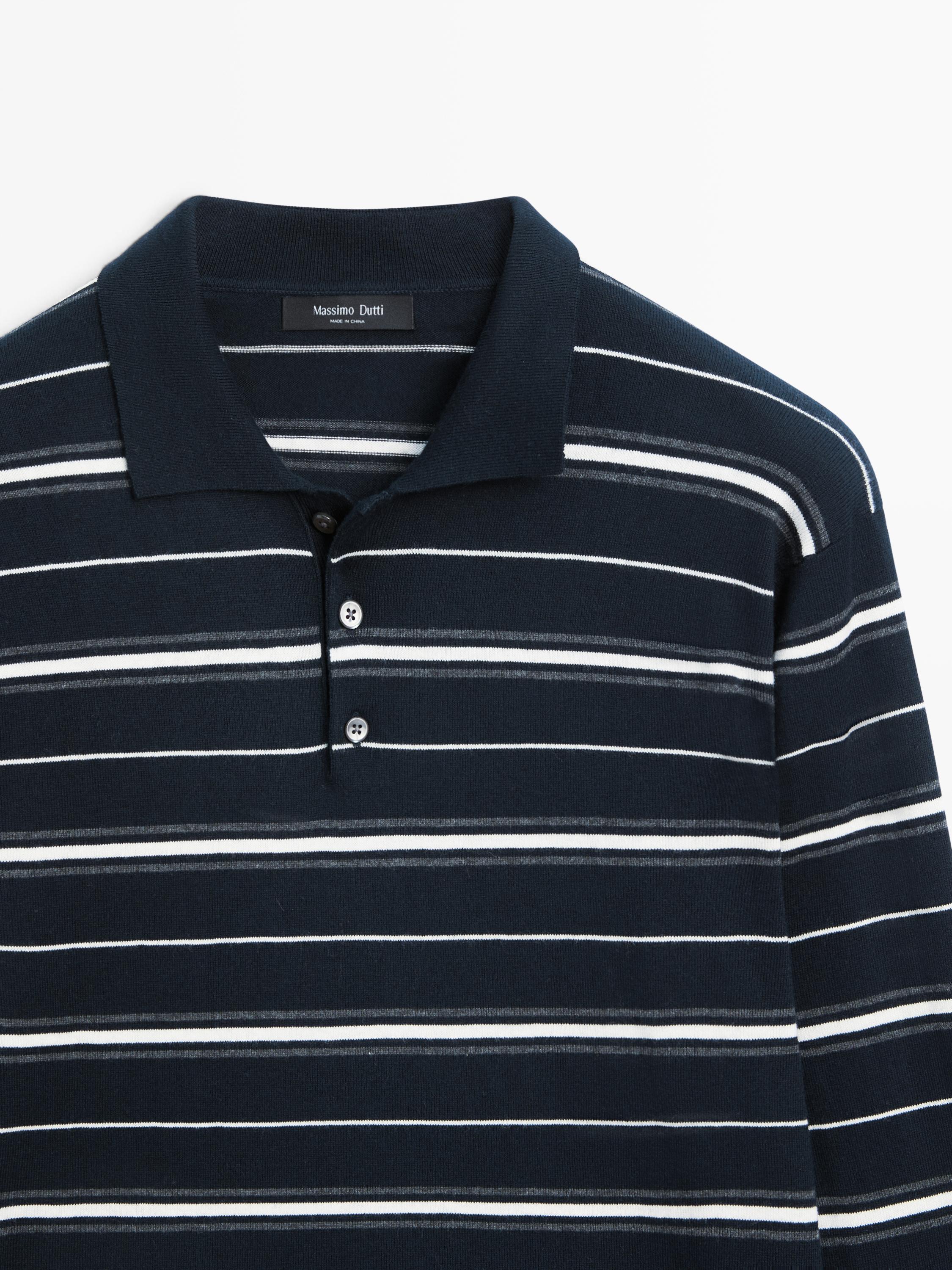 Cotton blend striped knit polo sweater — NAVY BLUE