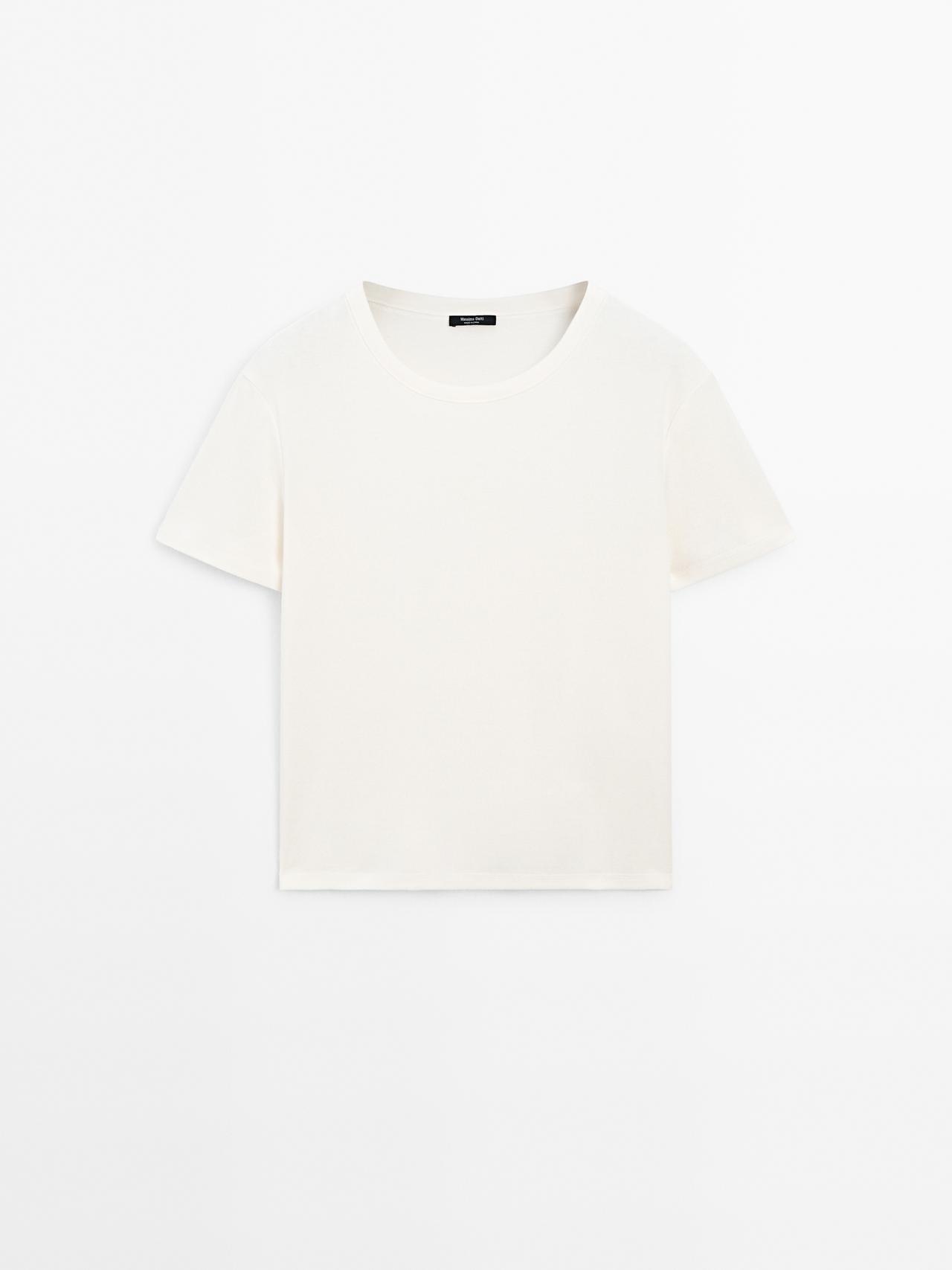 Massimo Dutti - Dame - Regular Fit T-Shirt Med Kravedetalje - Råhvid - Xl