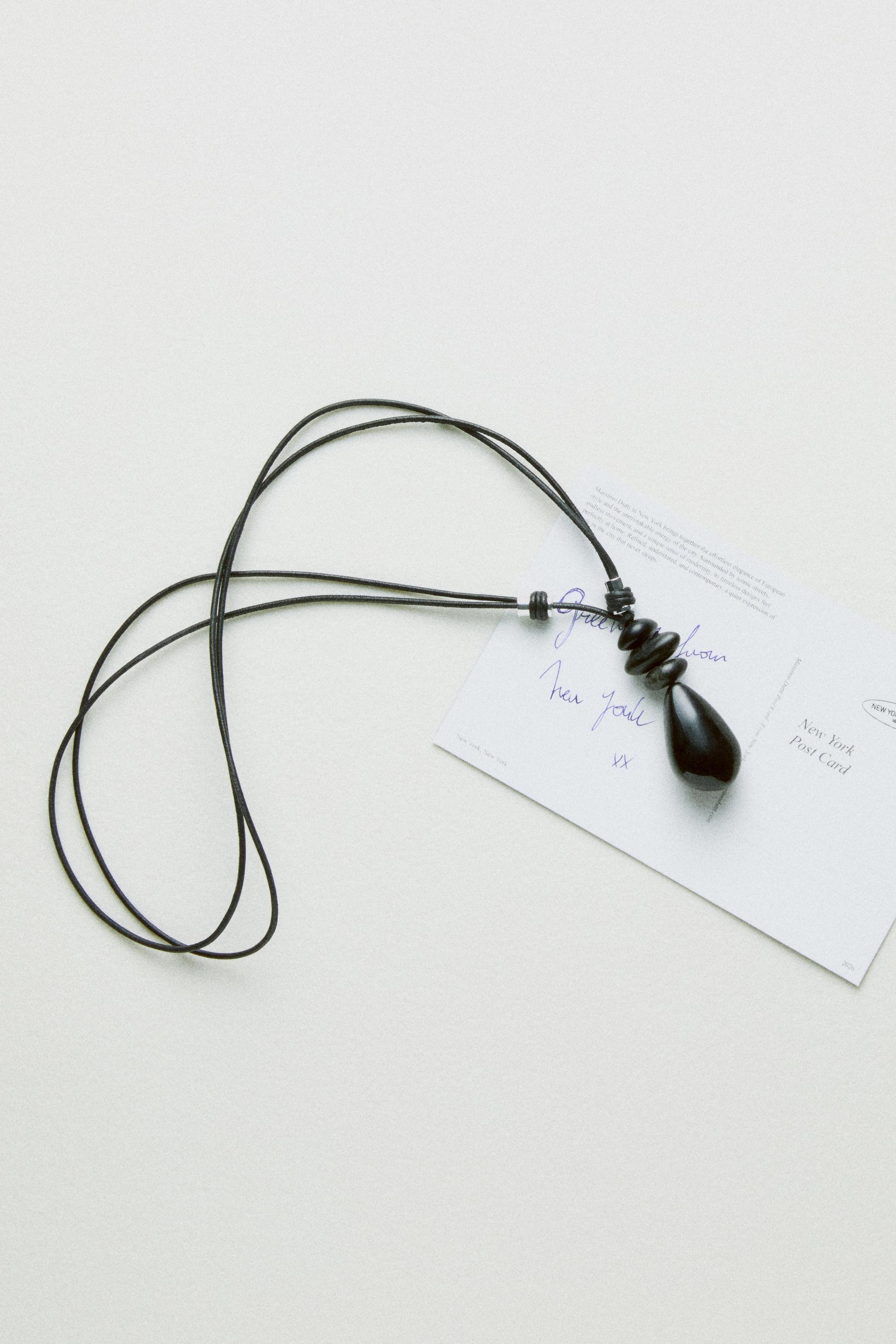 Long leather cord stone necklace — BLACK