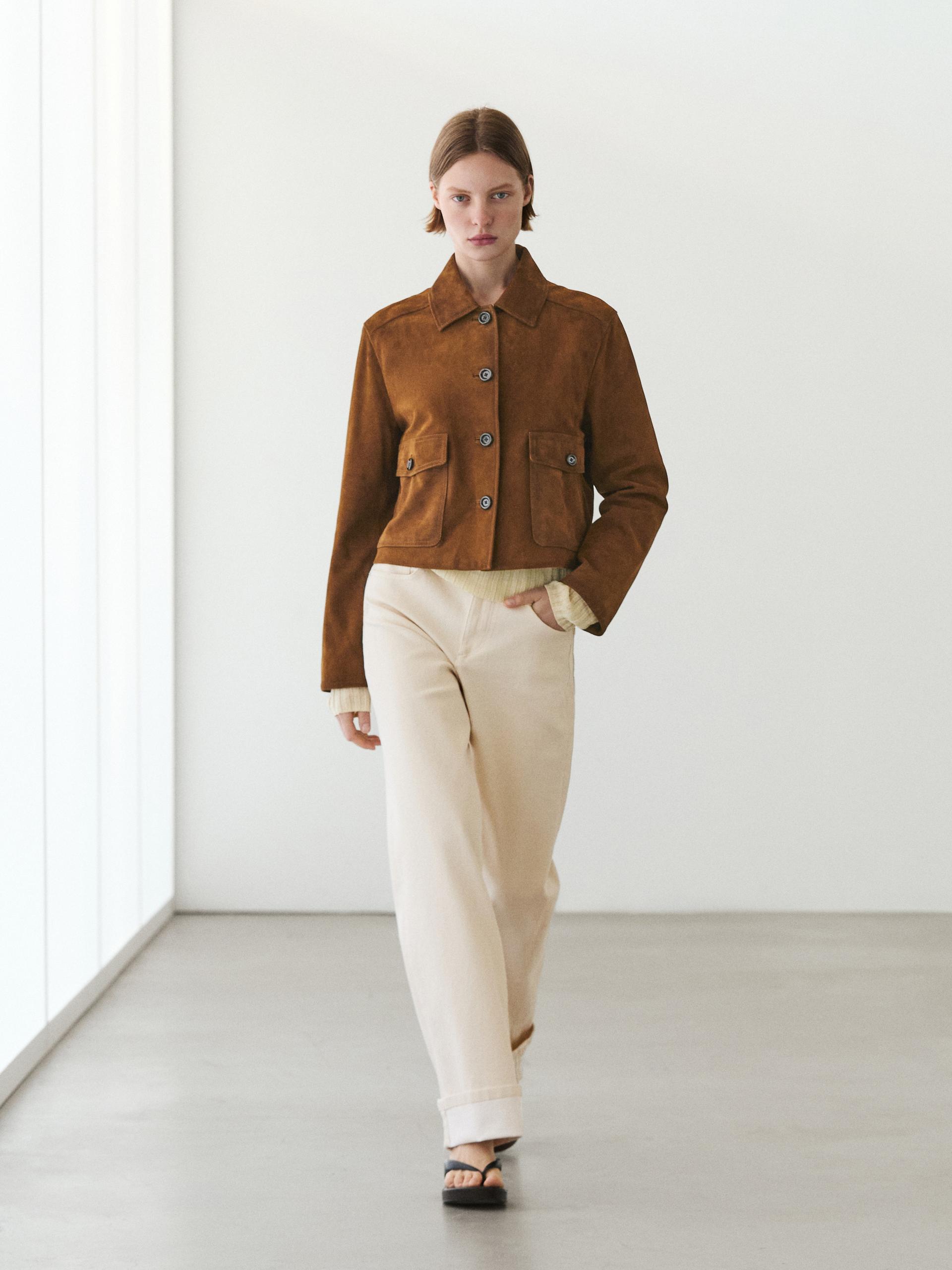 Veste En Cuir Finition Daim - Marron - M - Massimo Dutti - Femme