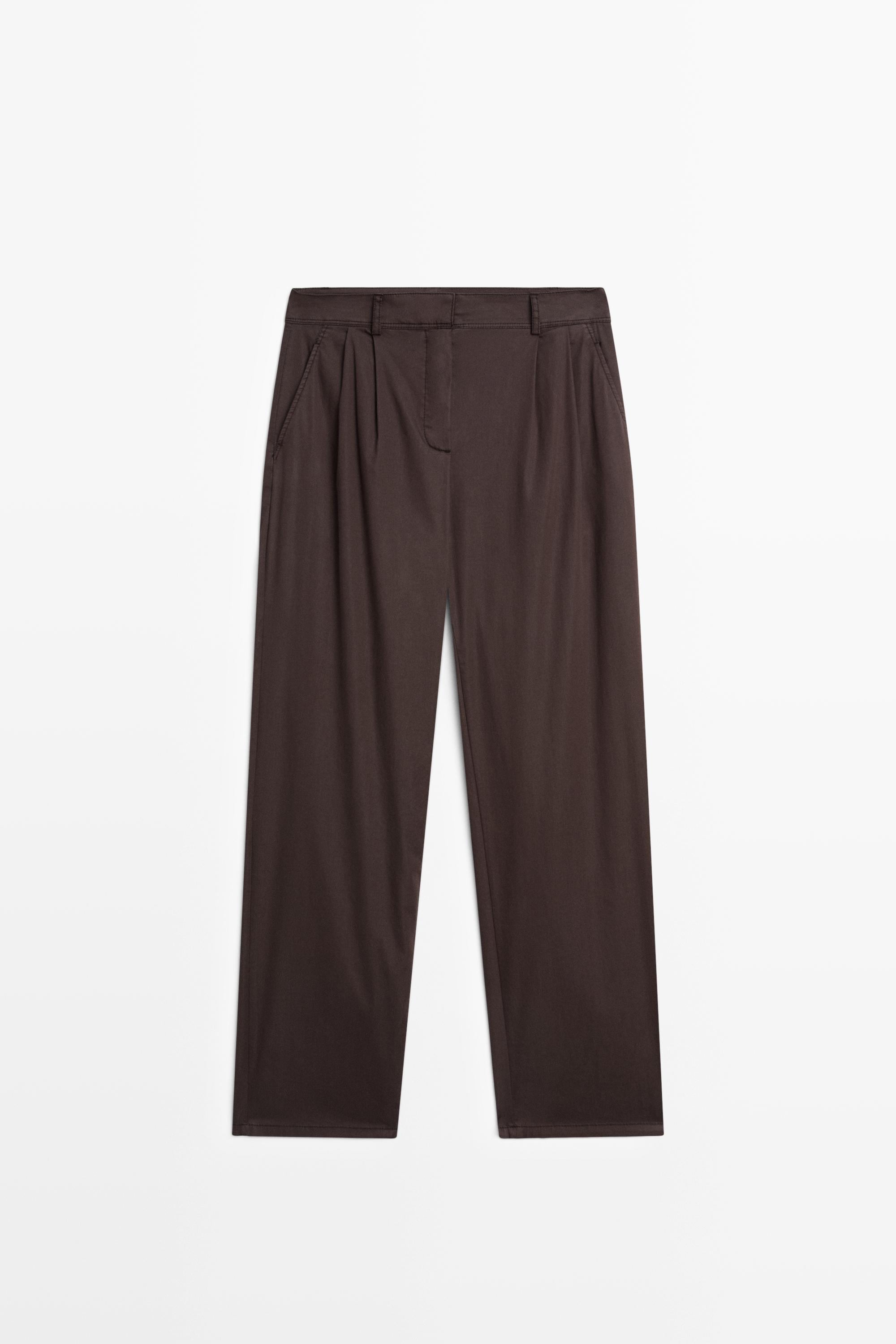 Cotton blend poplin pleated pants