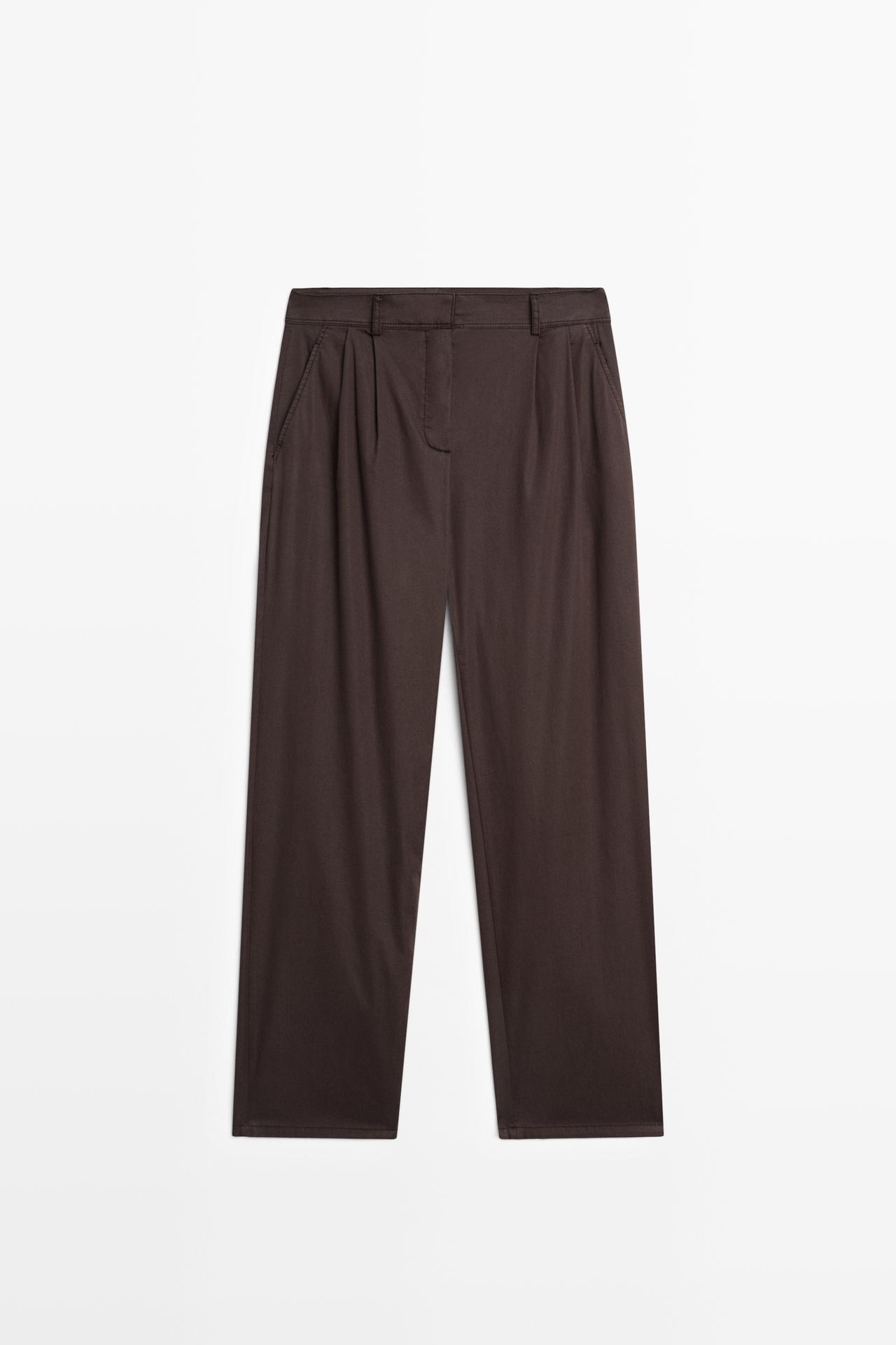 Cotton blend poplin pleated pants — Chocolate