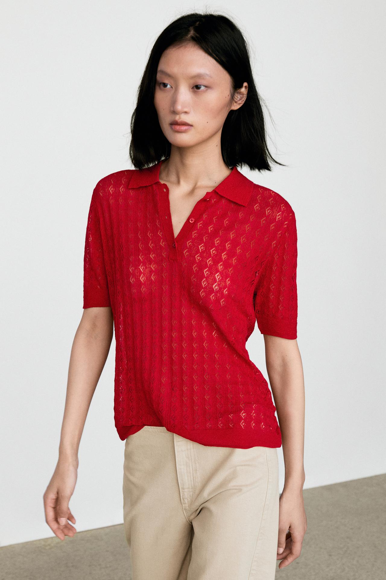 Open-knit polo sweater — RED
