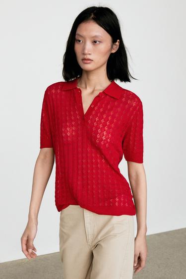 Open-knit polo sweater — RED 3