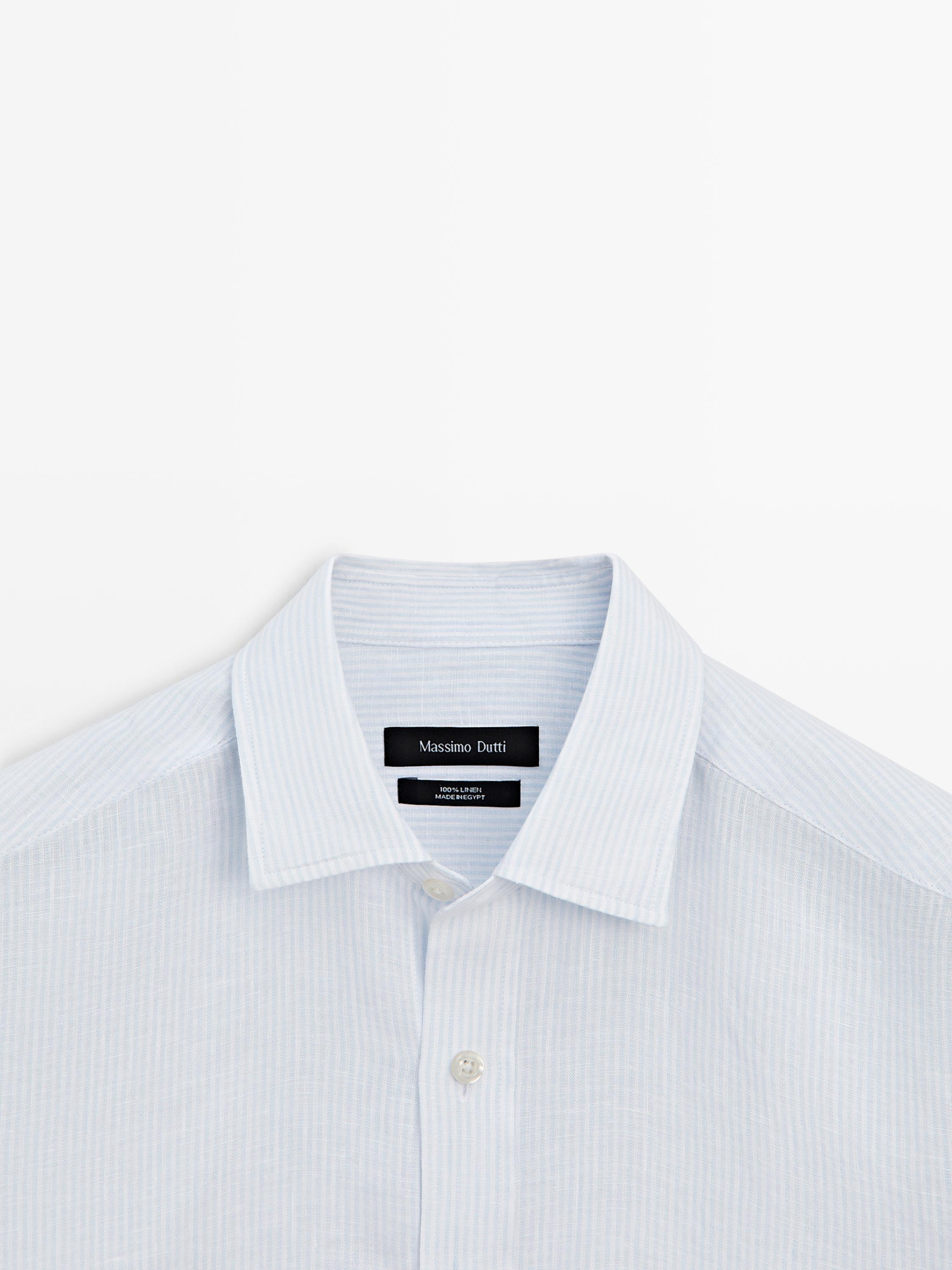 Striped slim fit linen shirt — Sky blue