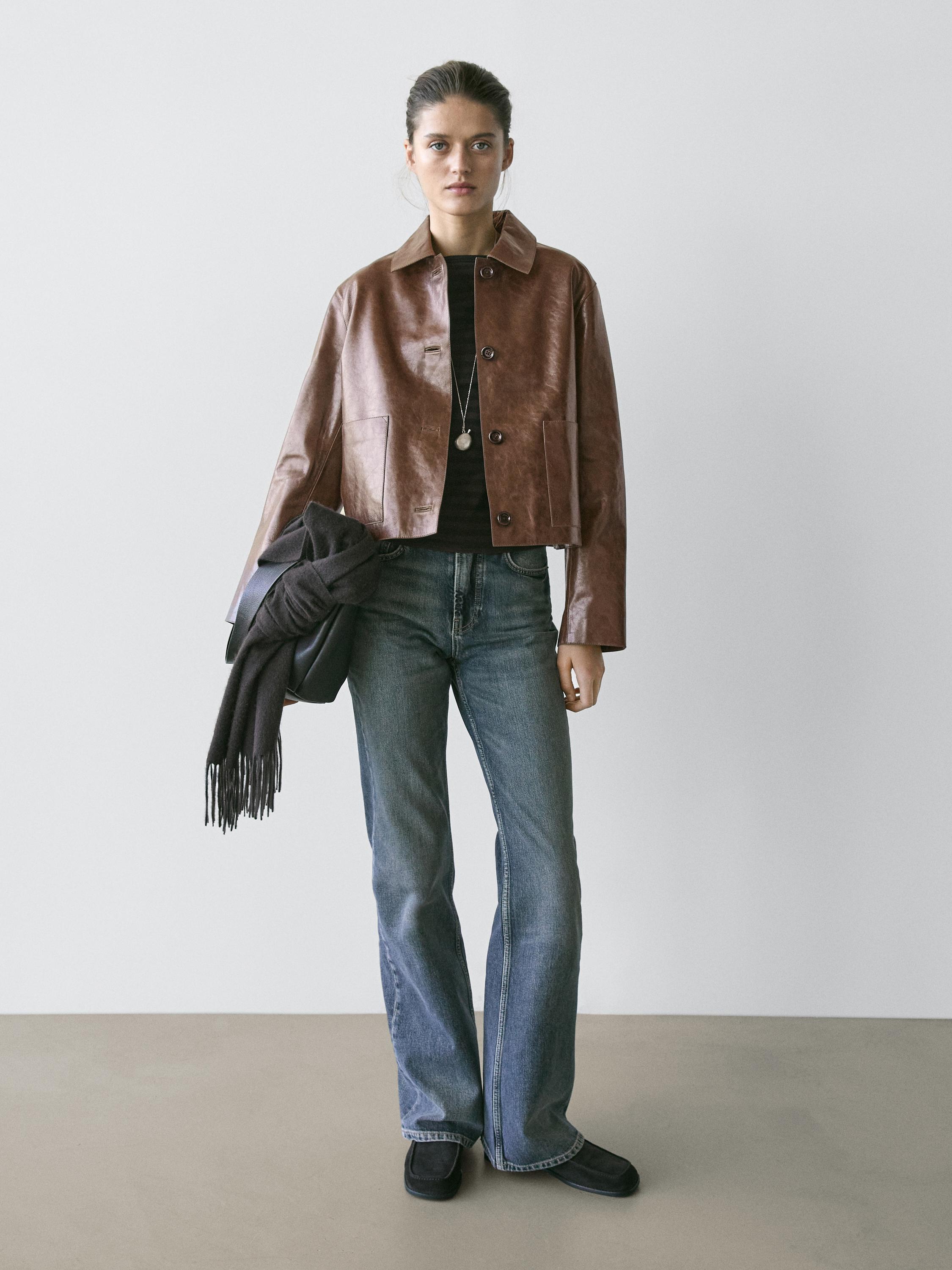 Cropped nappa leather jacket — MOLE BROWN