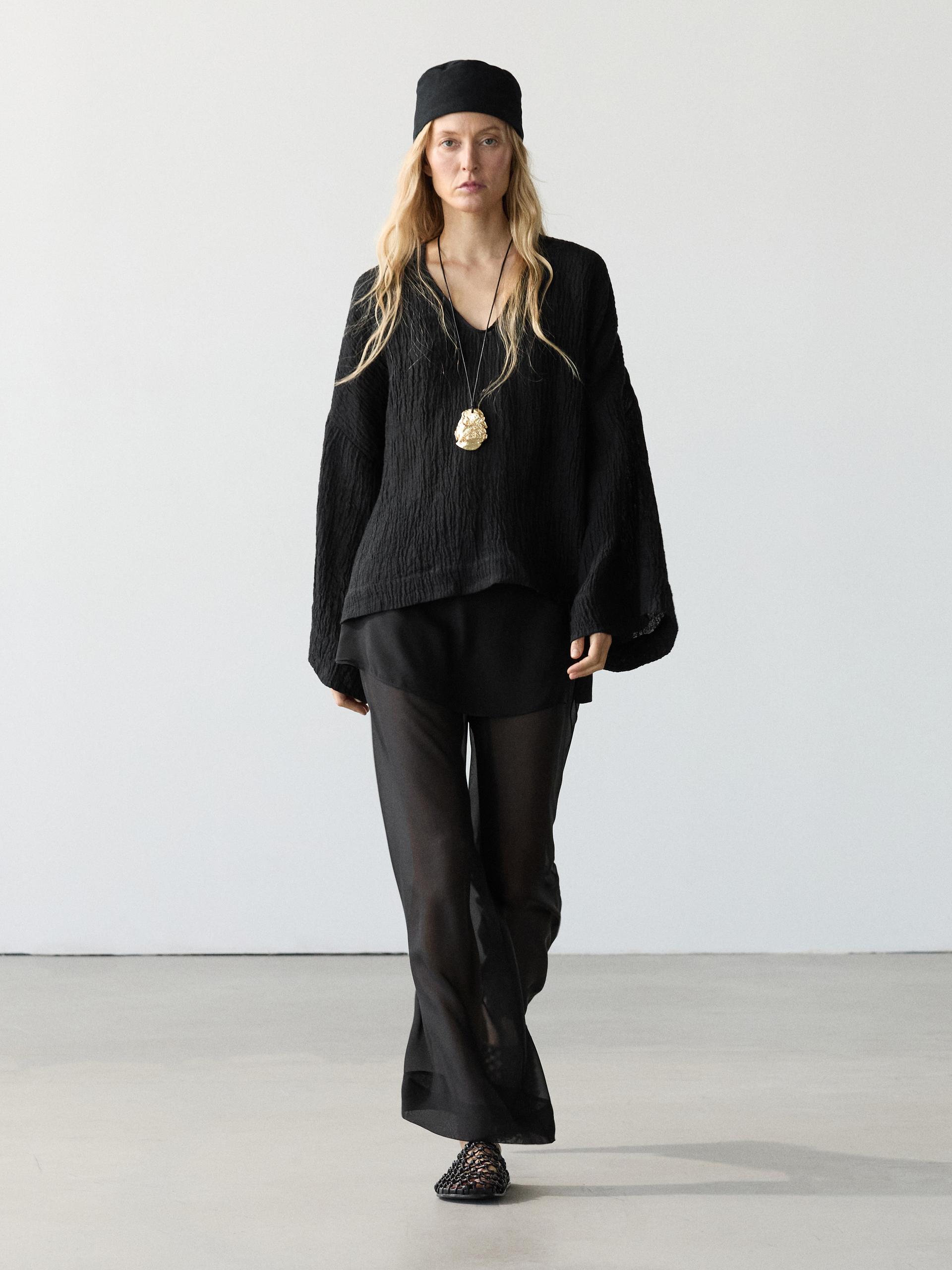 Blouse Fluide Gaufrée 100 % Lin - Noir - Xs-S - Massimo Dutti - Femme