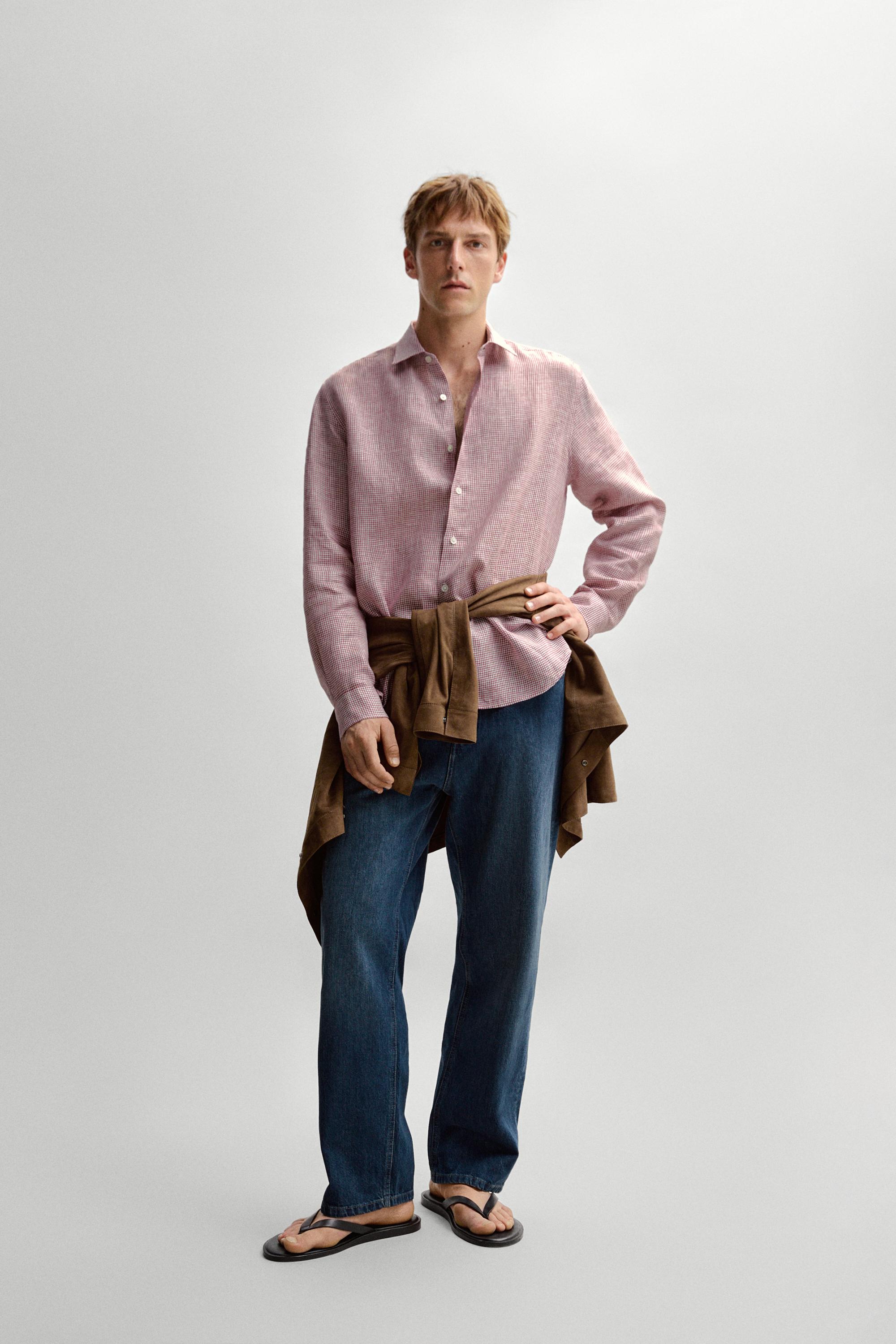 100% linen regular fit micro-checked shirt — BRIGHT RED