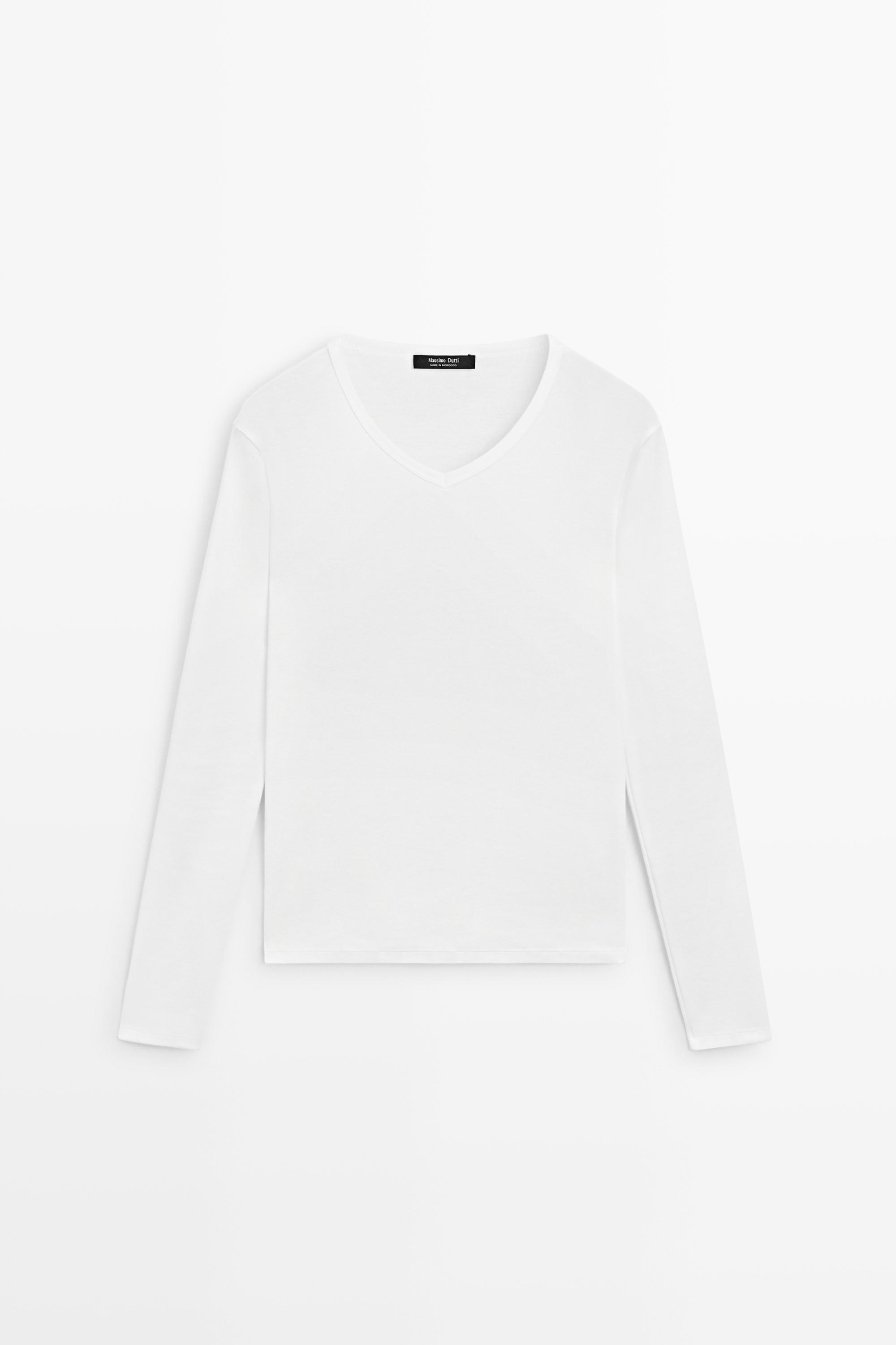Camiseta cuello pico manga larga 100% algodón