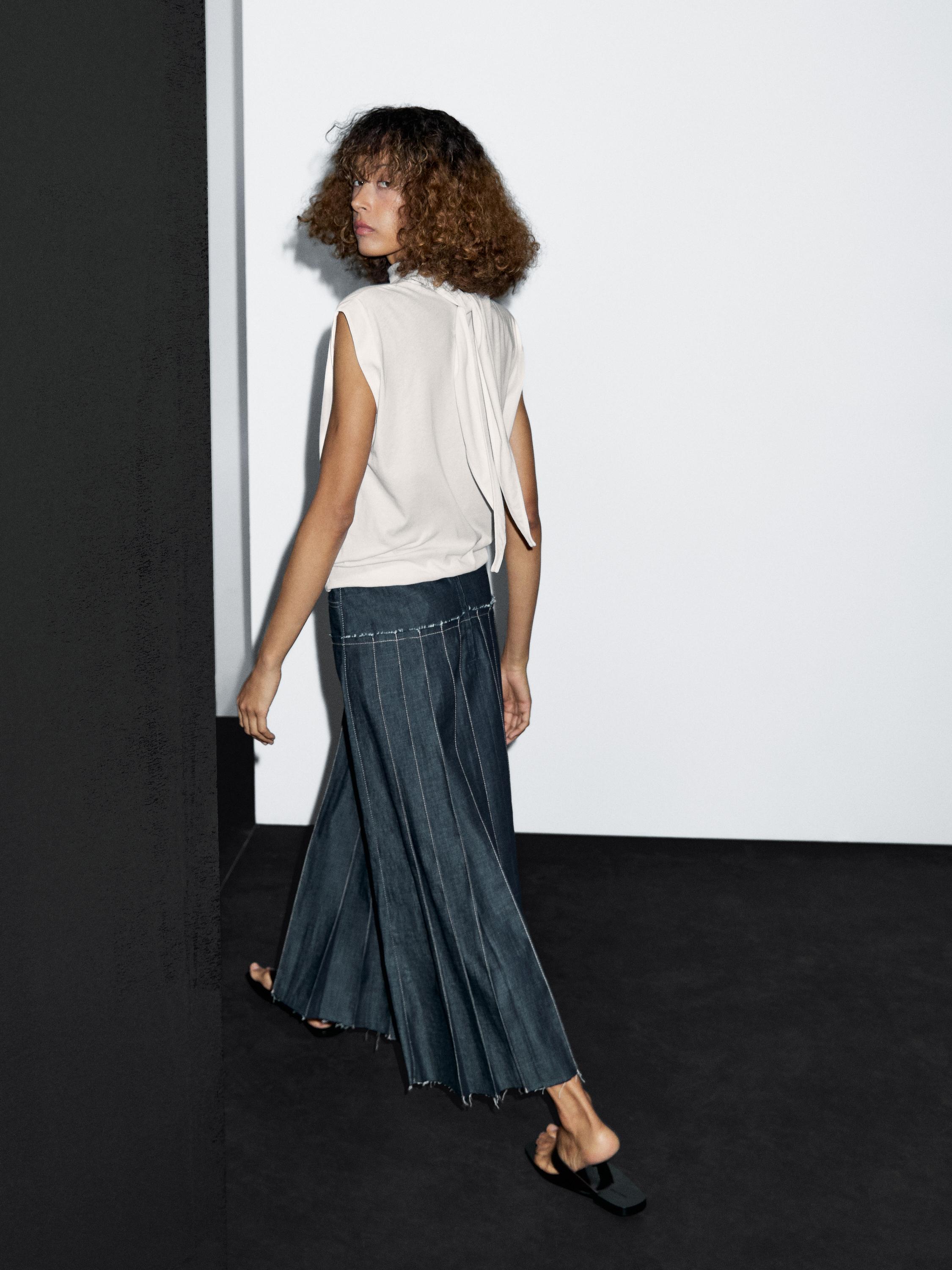 Denim midi skirt with box pleats