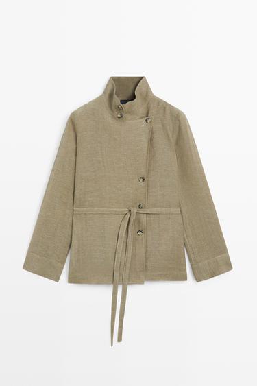 Suede linen-blend safari jacket with stand collar — KHAKI 1
