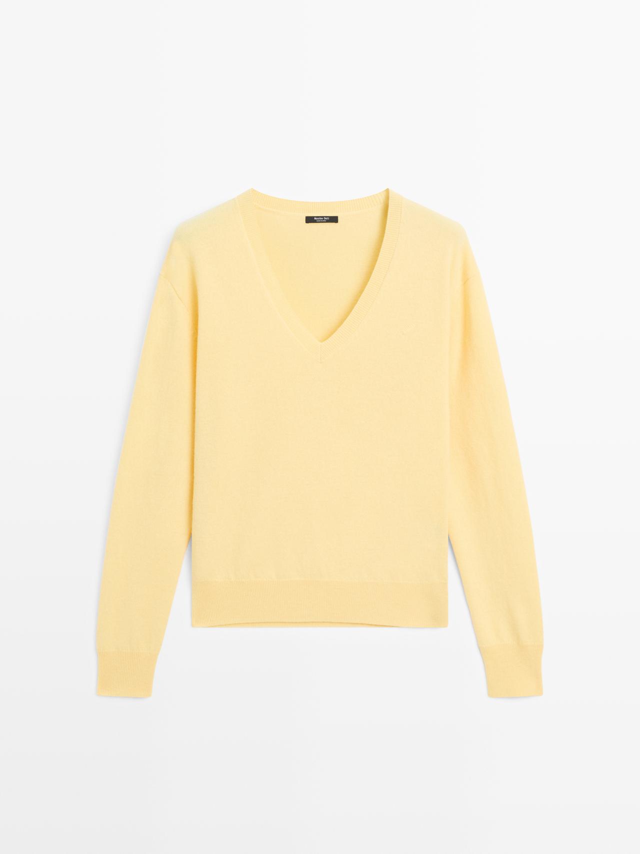 Massimo Dutti - Dame - Striktrøje I Uldblanding Med Dyb V-Udskæring - Gul - Xs