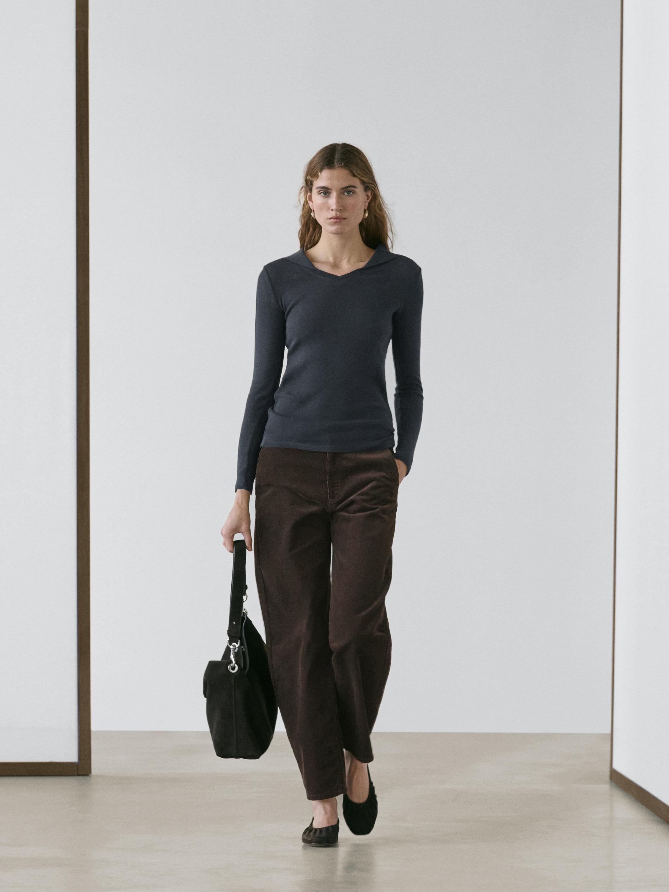 Long sleeve knit V-neck polo shirt — NAVY BLUE